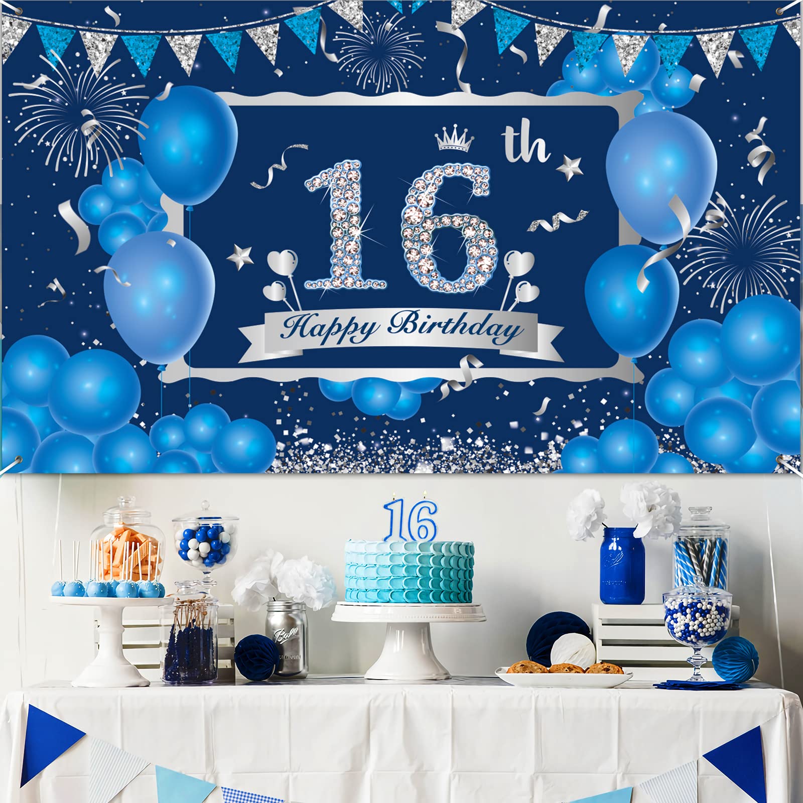 Blue Silver Happy 16Th Birthday Decorations For Boys Girls Blue Silver Happy 16Th Birthday Banner Blue Silver 16Th Birthday Part