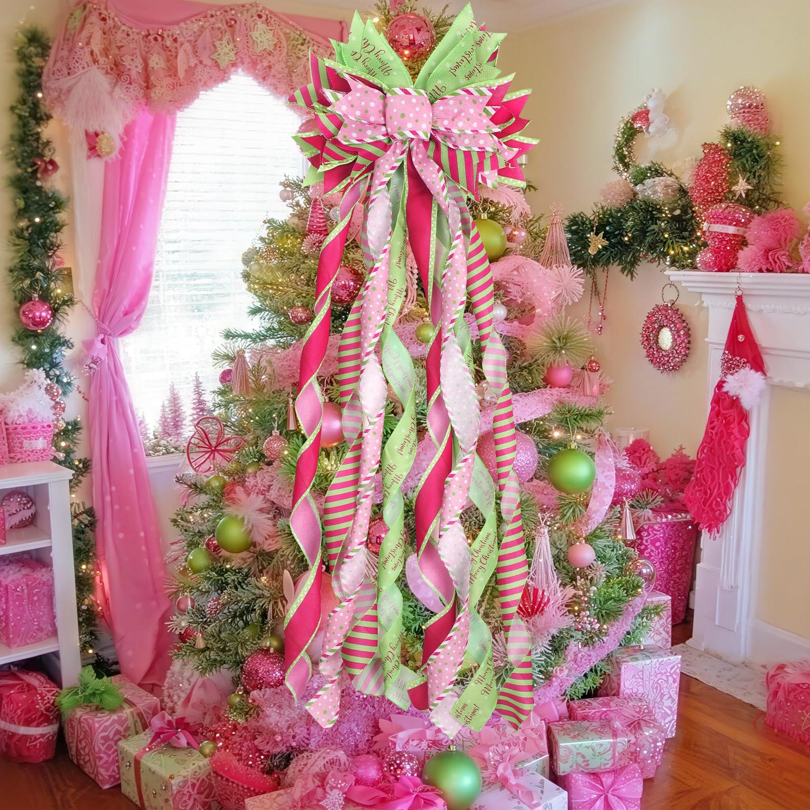 FineCheer Green and Pink Christmas Tree Topper Wreath Bow Large Christmas Bow Pink Tree Topper for Xmas Ornament Family Wedding