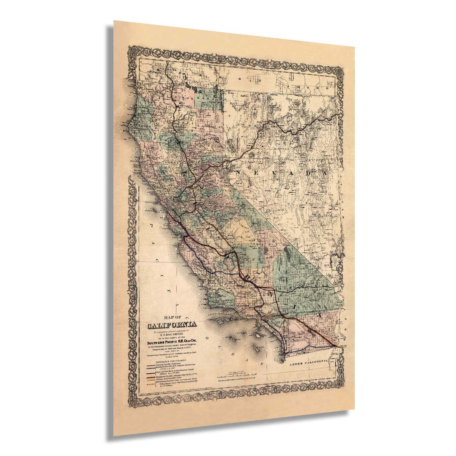 Historix Vintage 1876 Map Of California - 24X36 Inch Vintage Map Wall Art - Map Of California Poster - Southern Pacific Railroad