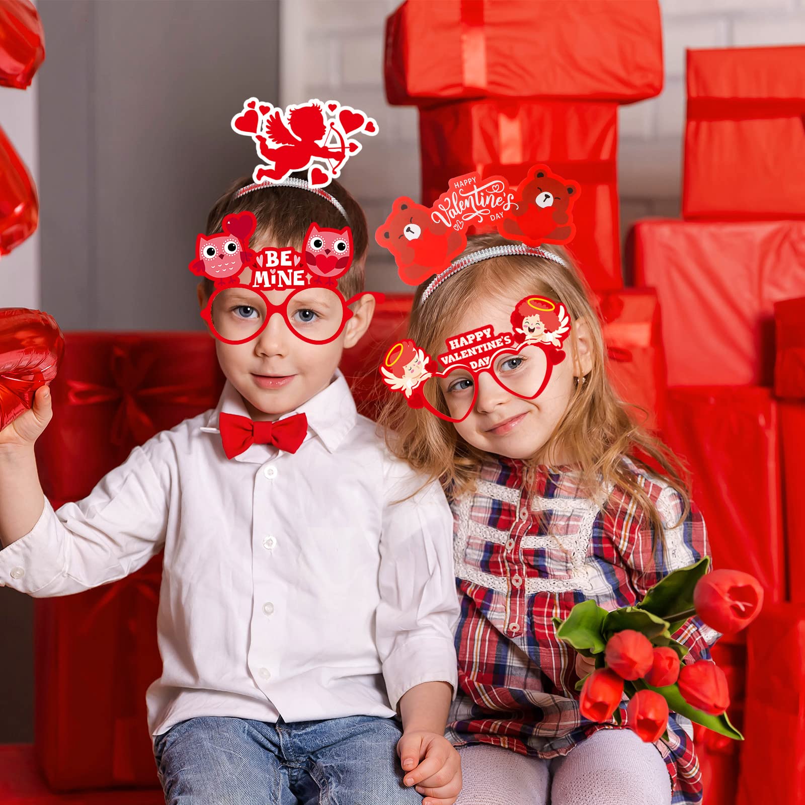 Kingdder 18 Pcs Valentine'S Day Headband And Eyeglasses Set, Valentines Glasses Photo Props Cupid Headband Heart Glasses For Kid