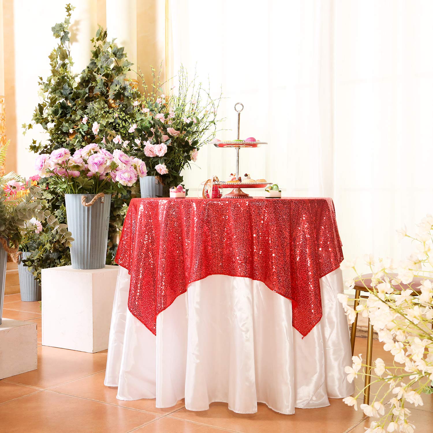 Eternal Beauty Red Square Sequin Tablecloth Sequin Overlay Tablecloth For Wedding Christmas Party 48''X48''