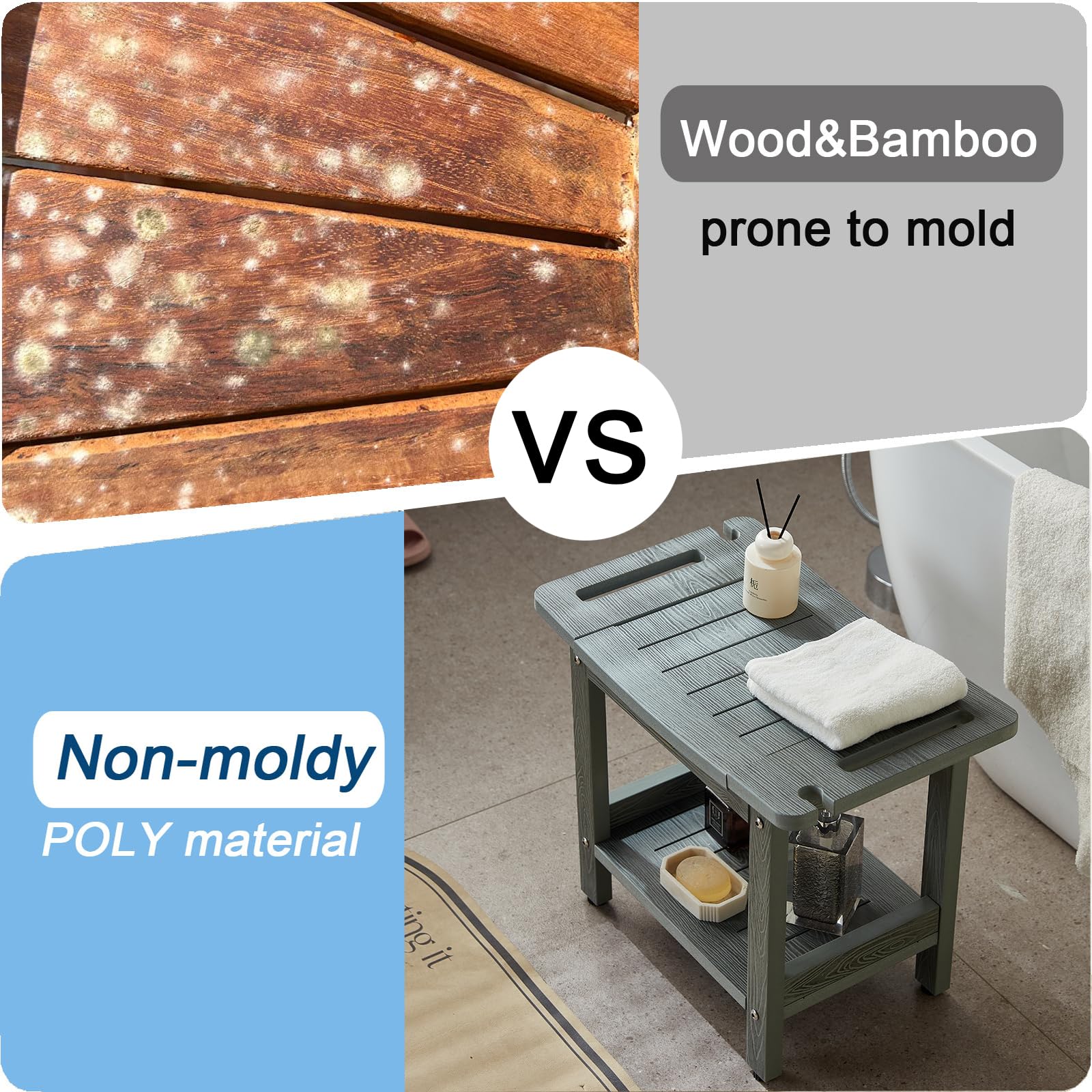Hdps Shower Bench For Inside Shower, Gray Waterproof Shower Stool For Shaving Legs, Poly Lumber Shower Chair Seat With Handles &