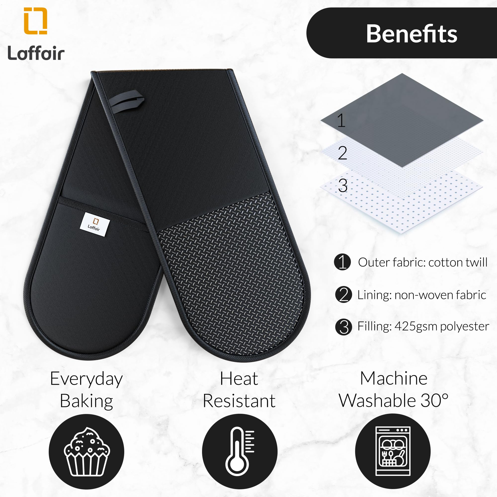 Laffair Oven Mitts - Black - Potholders For Home Cooking, Non-Slip Silicon Grip Oven Glove, Heat Resistant Gloves & Modern Oven