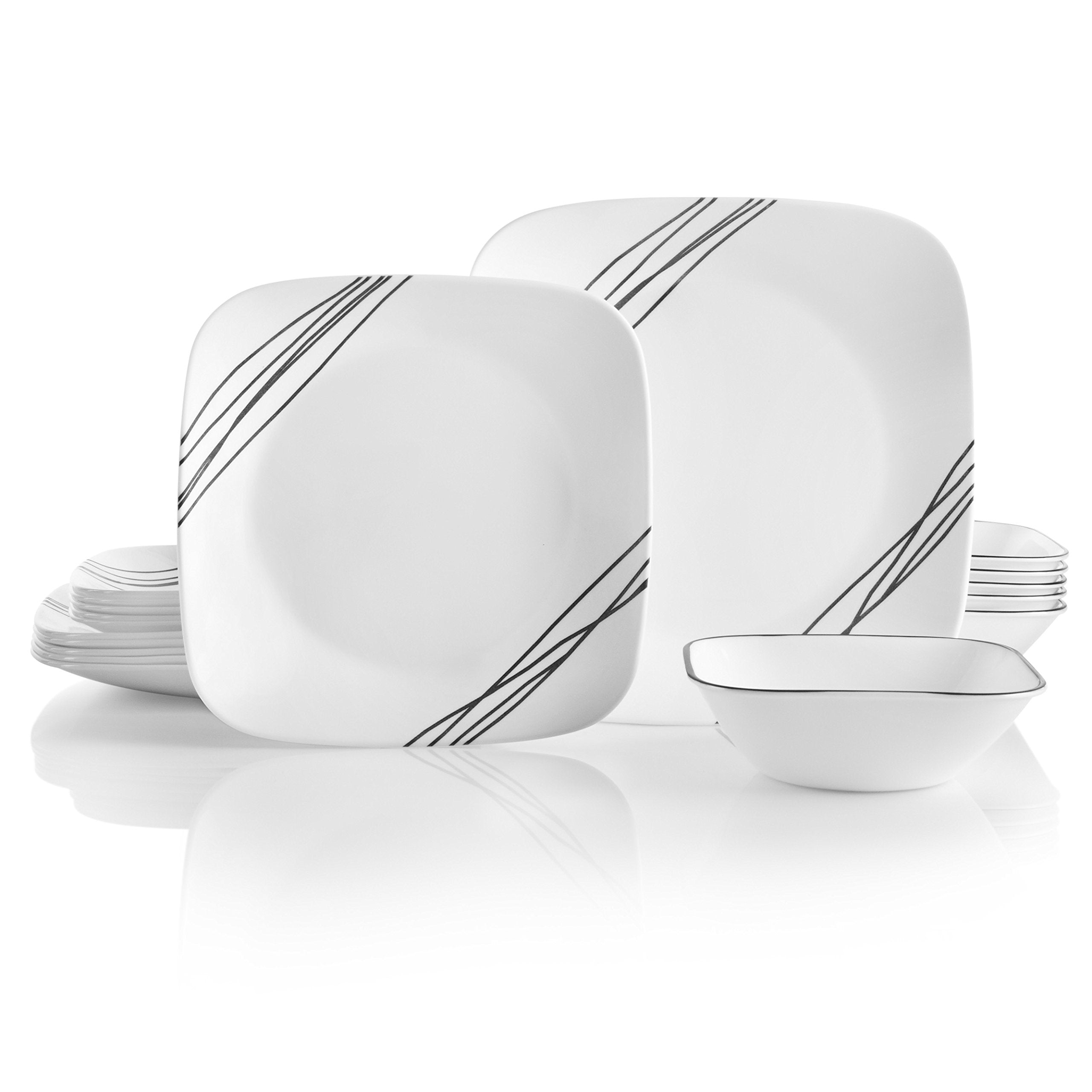 Corelle Vitrelle 18-Piece Service for 6 Dinnerware Set, Triple Layer Glass and Chip Resistant, Lightweight Square Plates and Bow