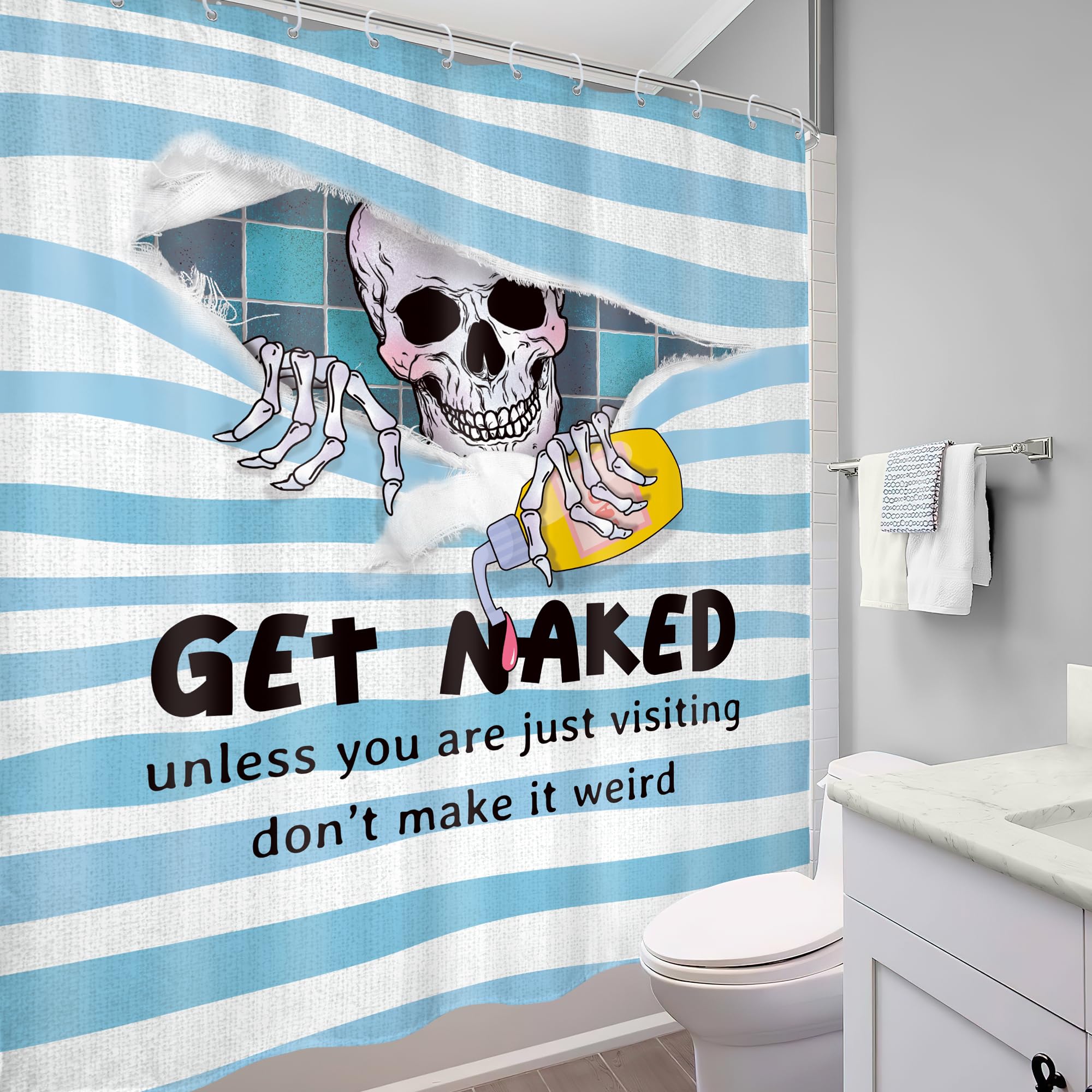 Mitpok Funny Skull Skeleton Shower Curtain Gothic Cool Get Naked Spooky Fun Bone Unique Hilarious Blue Scary Horror Men Kids 60W