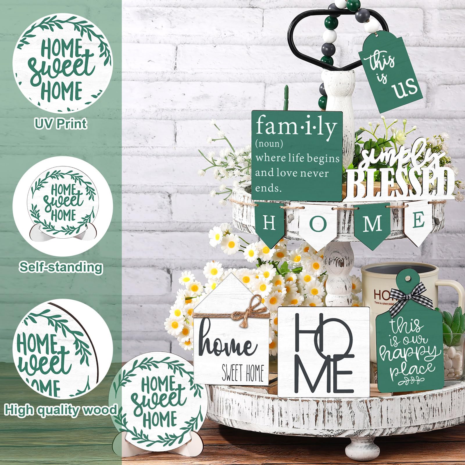 FairySandy Set of 11 Spring Farmhouse Tiered Tray Decor Rustic Spring Home Tiered Decorations Set Home Wooden Signs Green Farmho