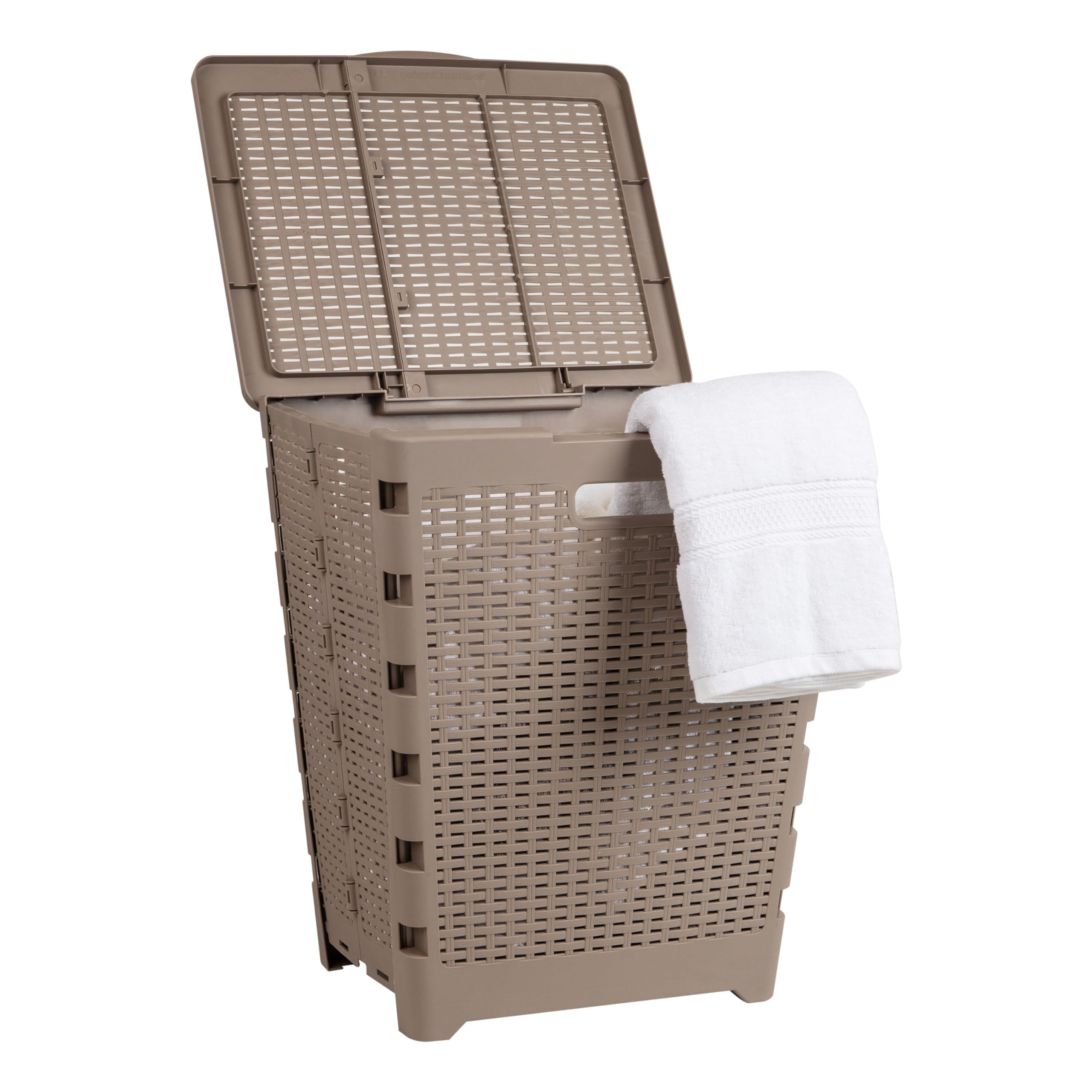 Mind Reader 61L Foldable Laundry Hamper, Clothes Basket, Lid, Wicker Design, Plastic, 18''L X 14.5''W X 21.25''H, Tan