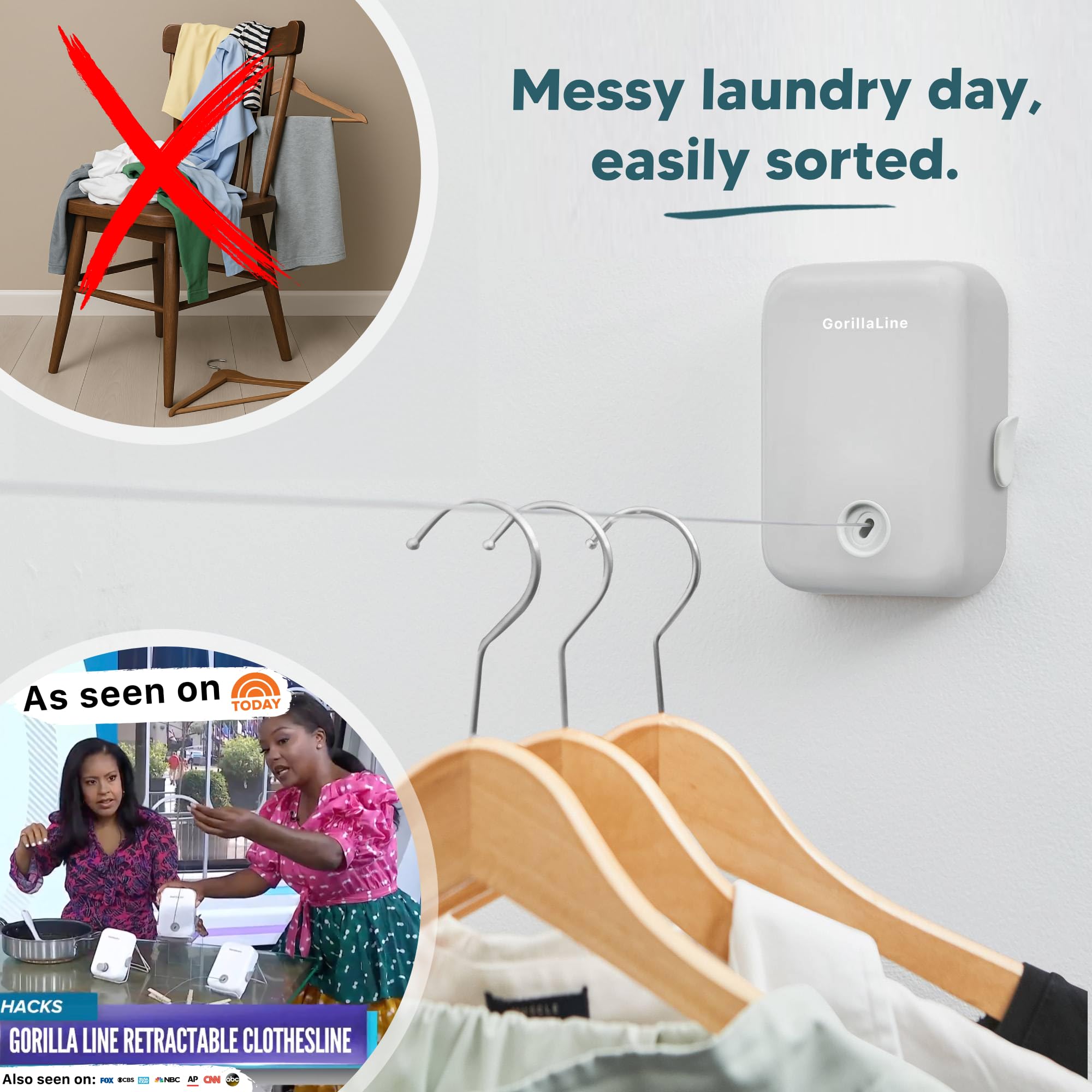GorillaLine Retractable Clothesline - Heavy Duty Wall Mounted Drying Rack - Medium Light Grey Stainless Steel