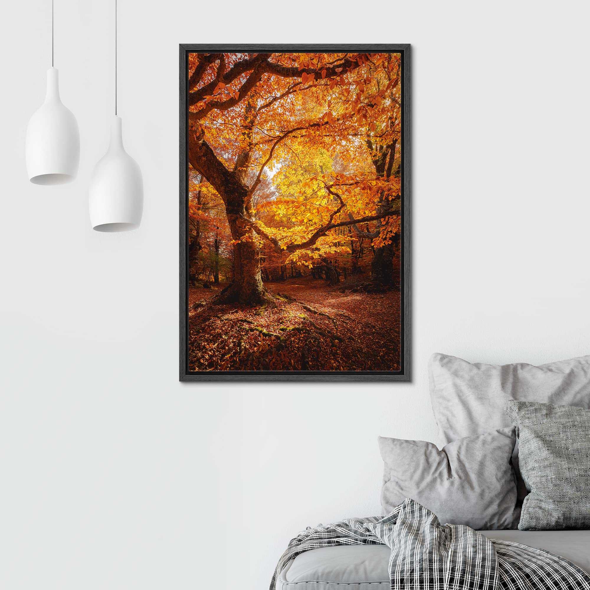 Signwin Framed Canvas Print Wall Art Autumn Red Leaf Oak Tree Forest Nature Wilderness Modern Art Farmhouse/Country Landscape Co