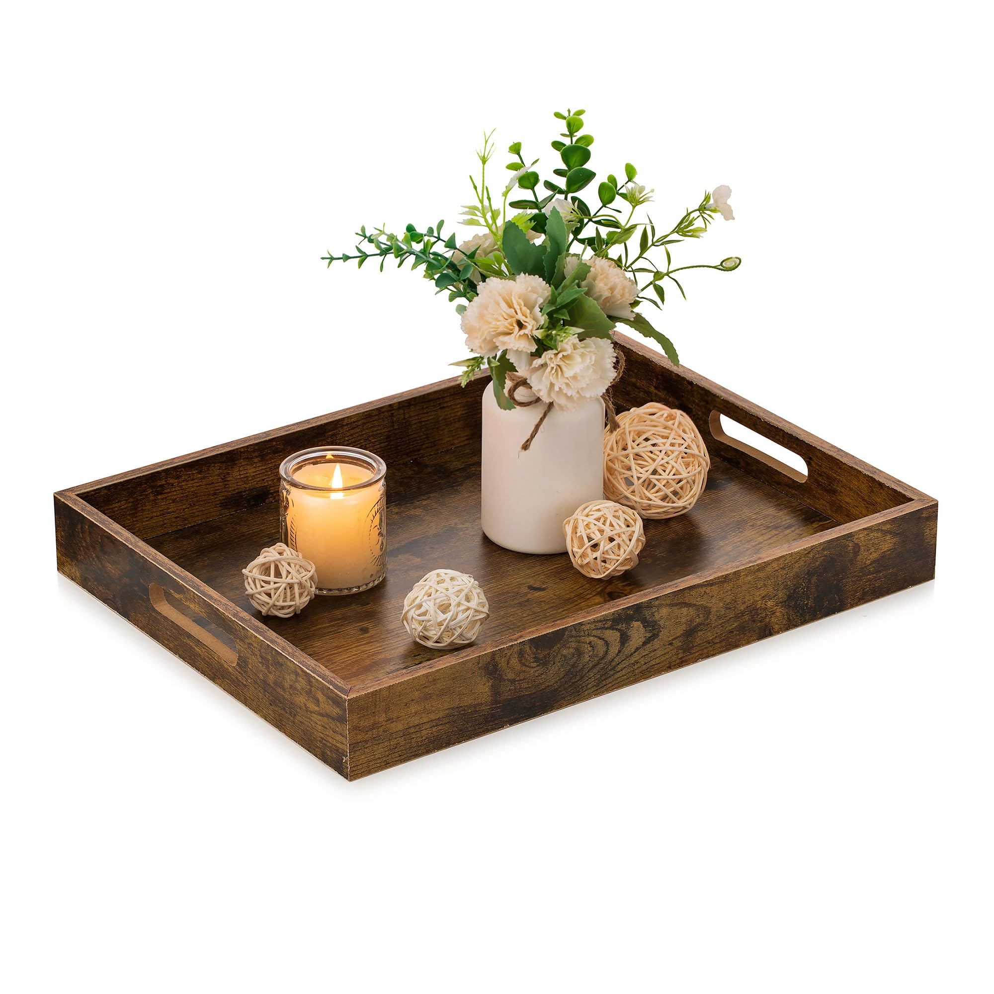 Hanobe Brown Decorative Serving Trays: Rustic Brown Rectangle Tray Decor With Cutout Handles For Coffee Table Ottoman Living Roo