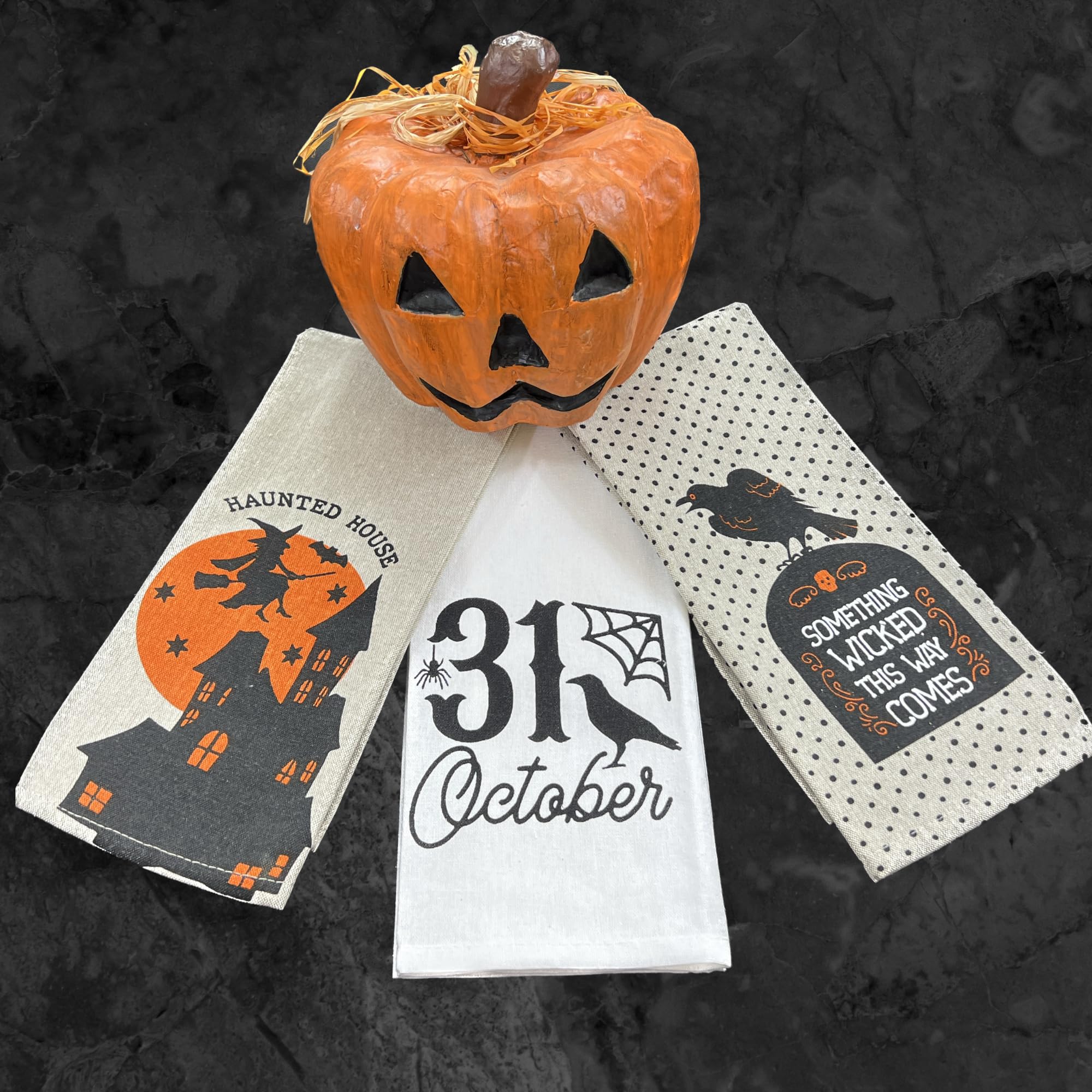 Halloween Kitchen Towel Set: Fun Let'S Get Spooky Pumpkin Design, Black White Gingham Towel, (Get Spooky)