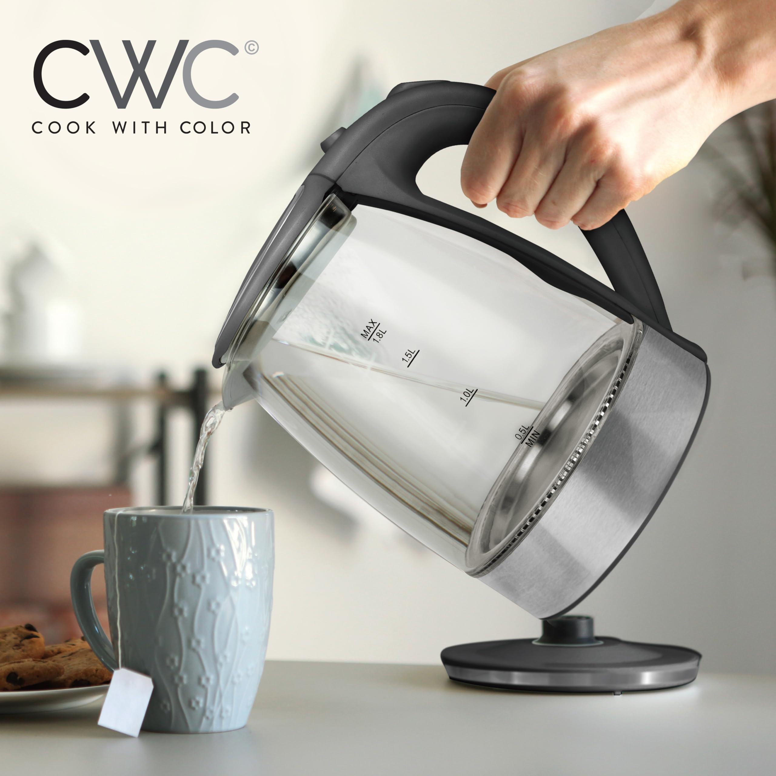 Cook With Color Glass Electric Kettle 1.8L - Rapid Boil, Sleek Design, And Safety Features - Great For Quick And Easy, Black