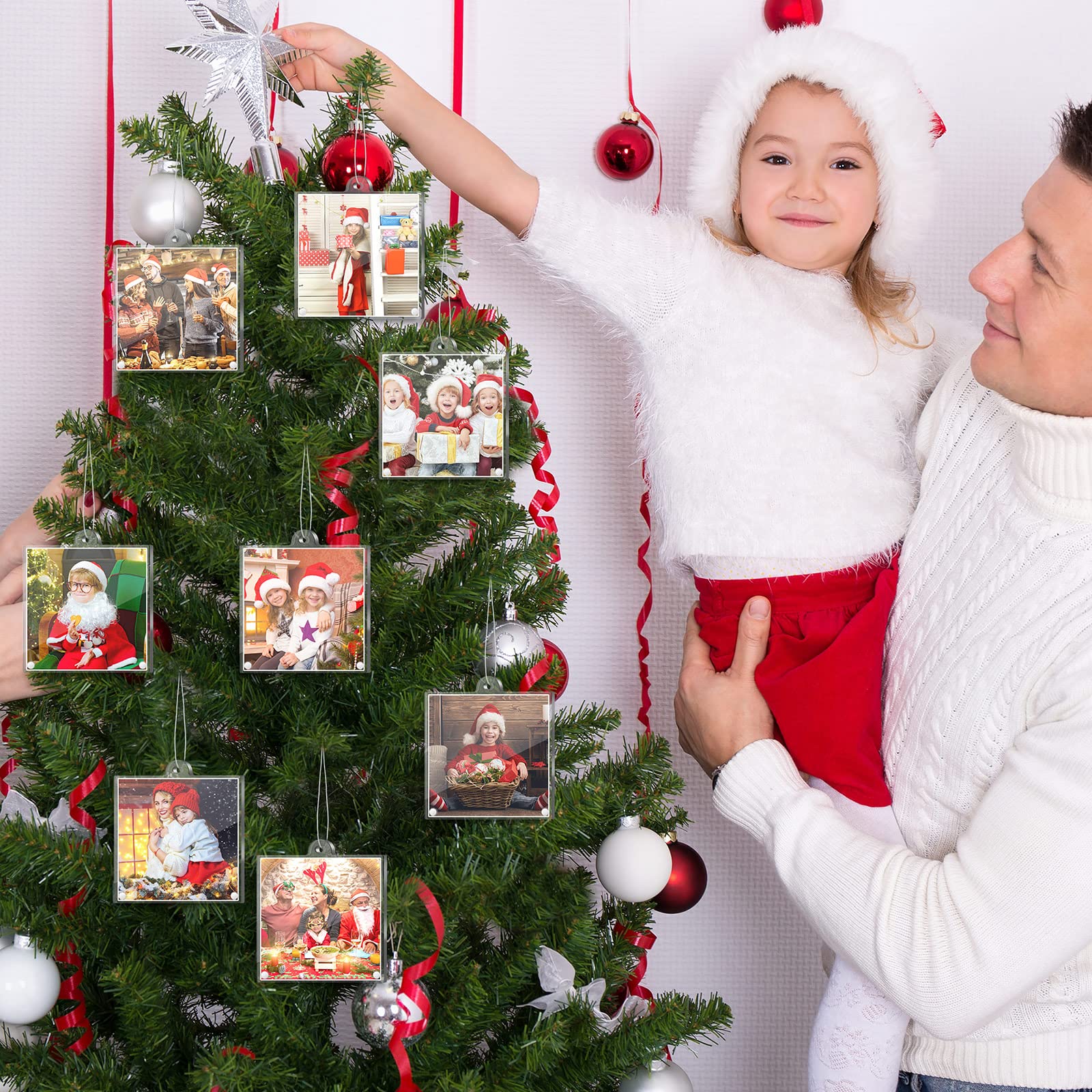 Weysat 8 Pcs Christmas Acrylic Photo Ornaments Hanging Picture Frame Ornaments Wallet Size Picture Frames for Christmas Tree Dec