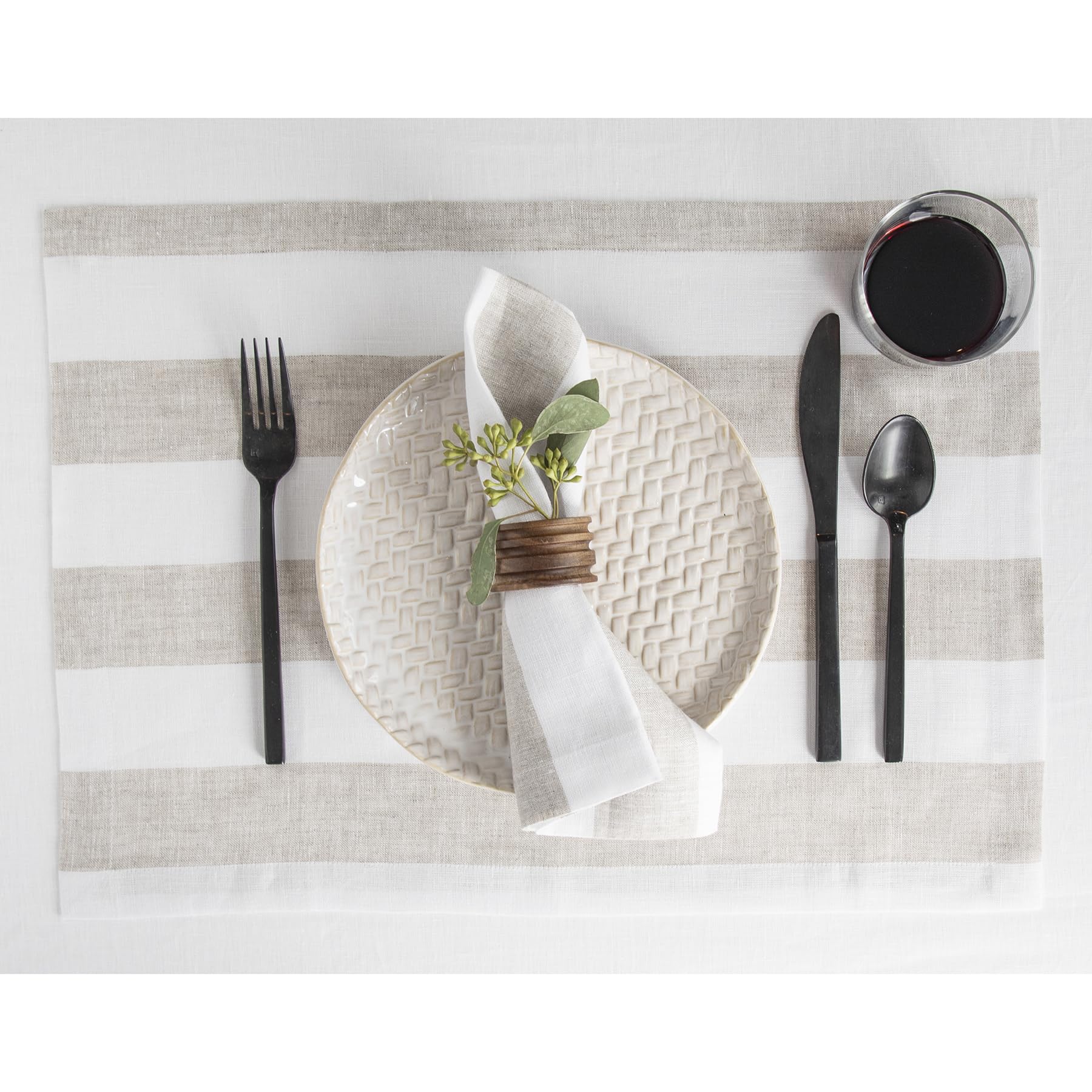 Solino Home Cabana Stripe Linen Placemats Set Of 4 - 100% Pure Linen Natural And White Placemats 19 '' L X 14 '' W Inch - Machin