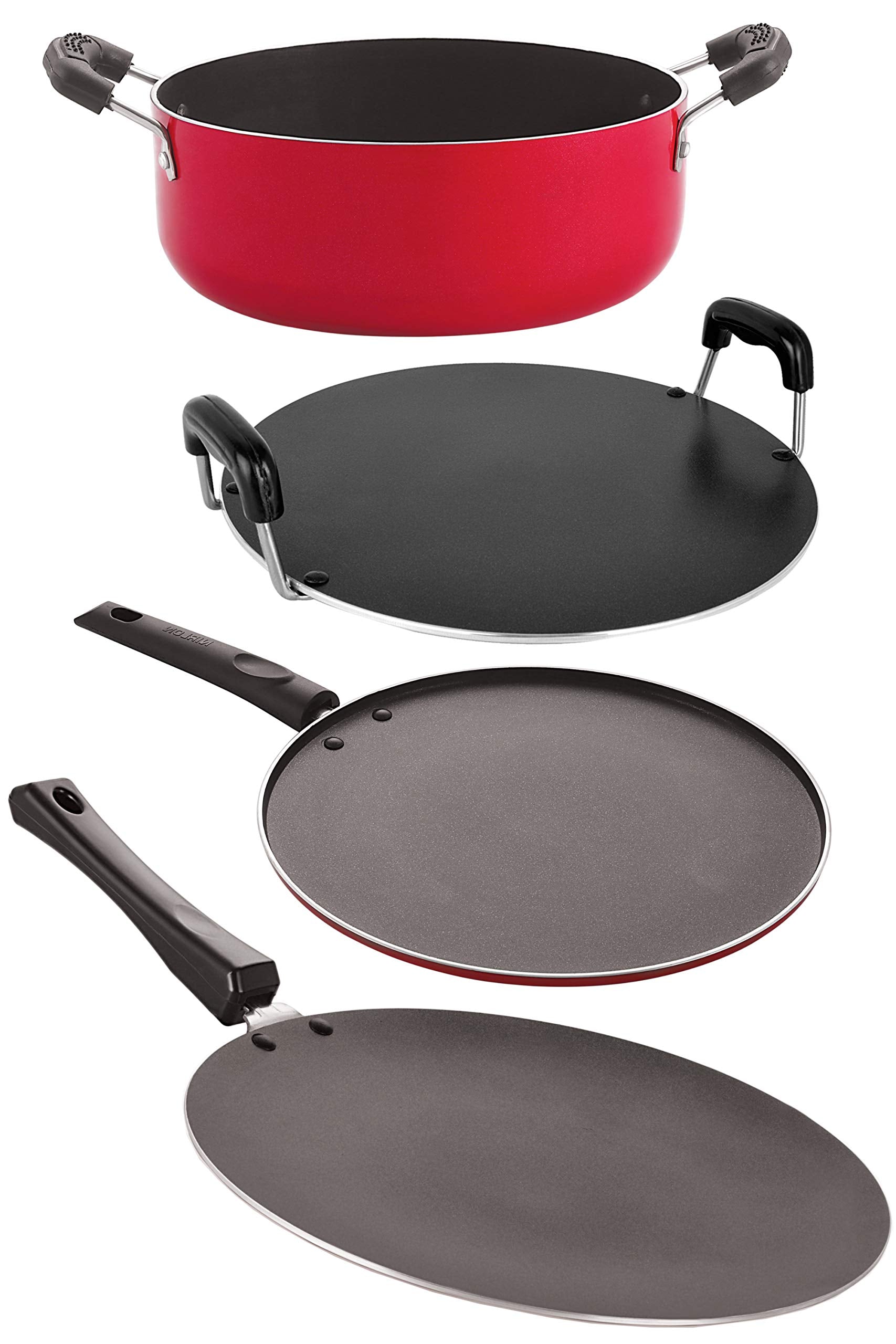 Nirlon Nonstick Coated Heat Resistance Pfoa Free Aluminium Cookware Utencil Gift 4 Pieces Set (1 Concave Tawa 27.5Cm /1 Round Ta