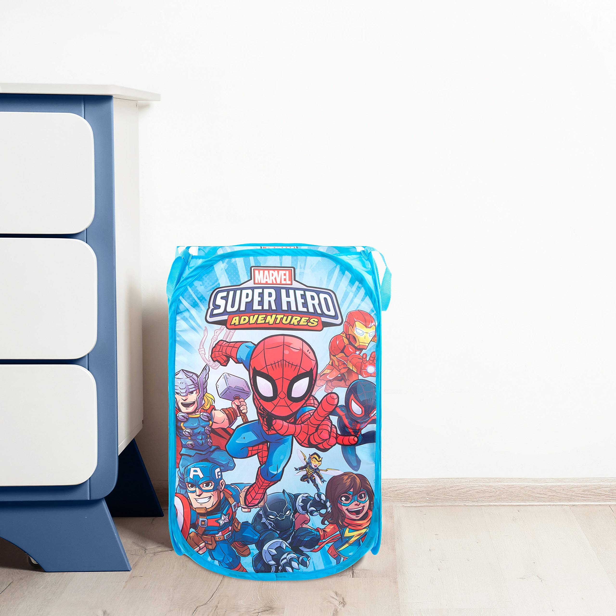 Marvel Super Hero Adventures Pop Up Hamper - Mesh Laundry Basket/Bag with Durable Handles - Features Spiderman  Iron Man  Captain America & Thor (Official Marvel Product)
