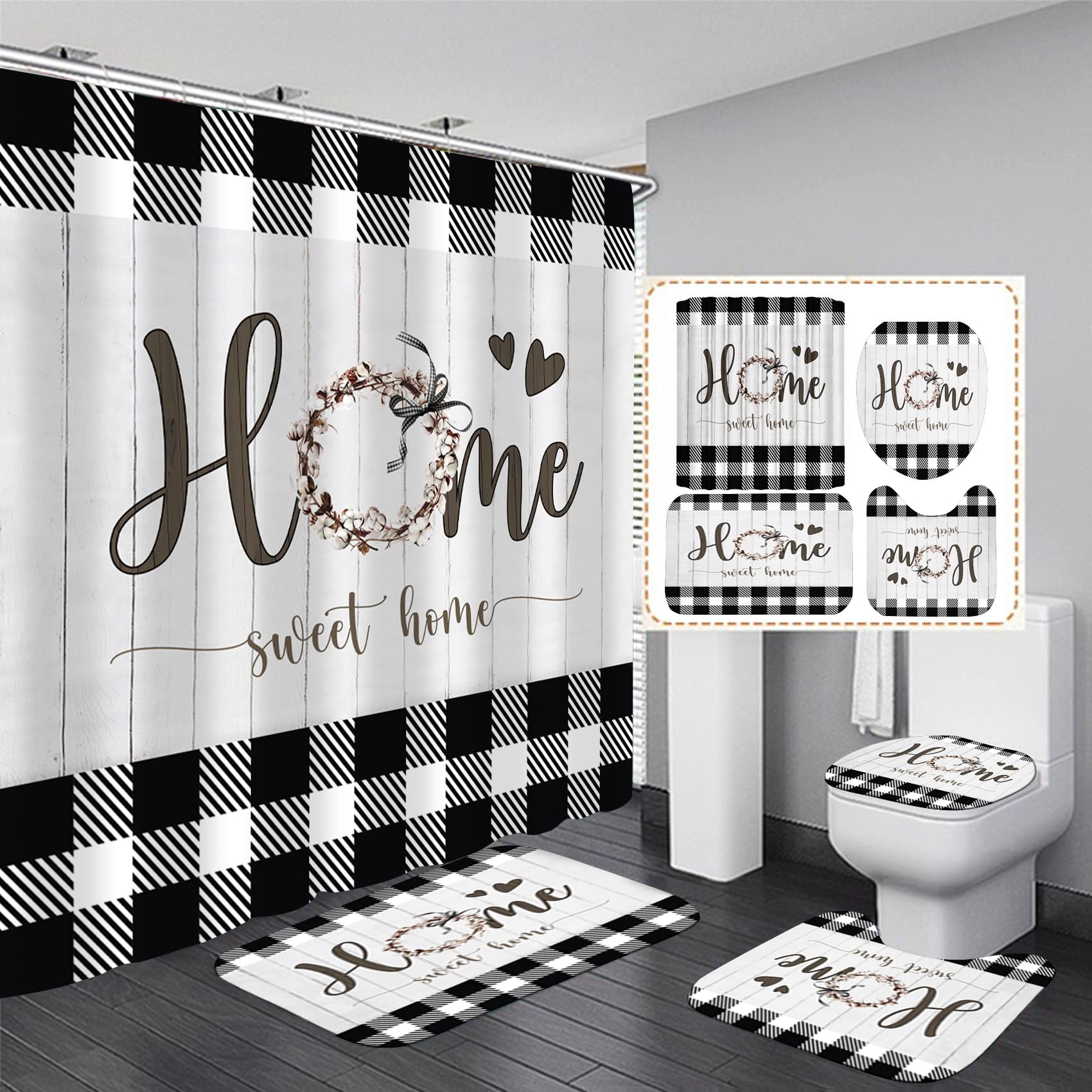 FZDHHY 4PCS Fall Bathroom Set Pumpkin Shower Curtain Set Thanksgiving Bathroom Decor Set Autumn Shower Curtains for Bathroom wit