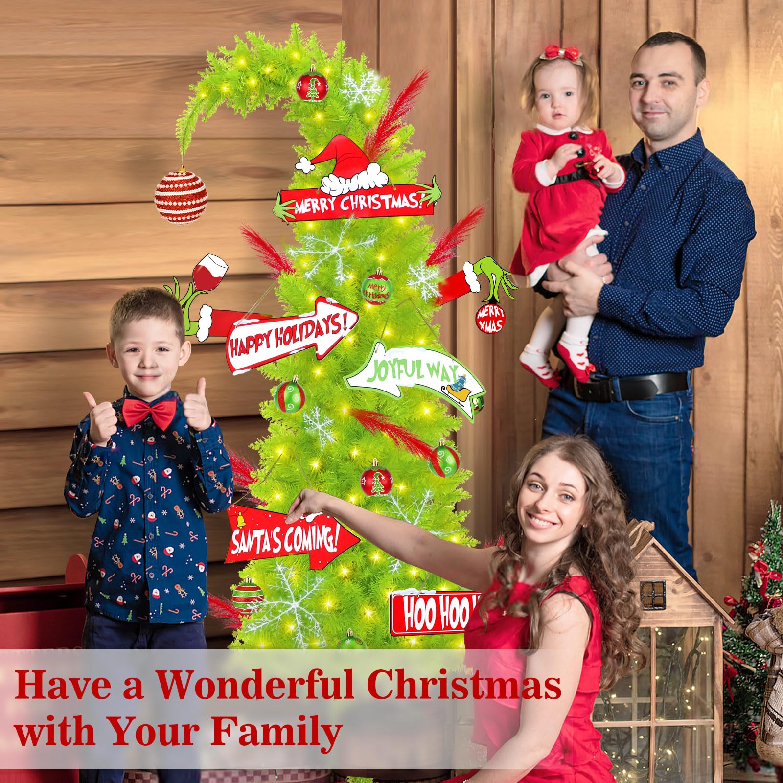 6FT Grinchs Christmas Tree with 38 Piece Ornament Set, Whimsical Lime Green Christmas Tree with Signs & Skirt, Indoor Outdoor Ho