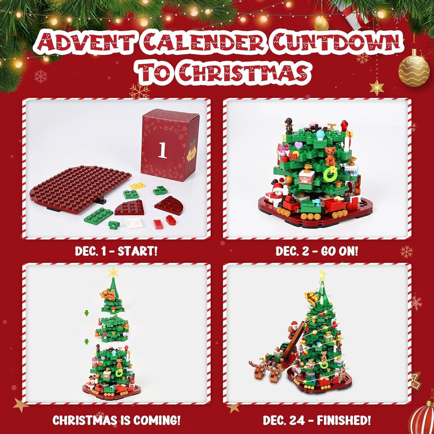 Siyaluens Advent Calendar 2025 - Christmas Tree Building Block Set, 1011 Pieces Christmas Santa Claus Moose Toy Decorations Buil