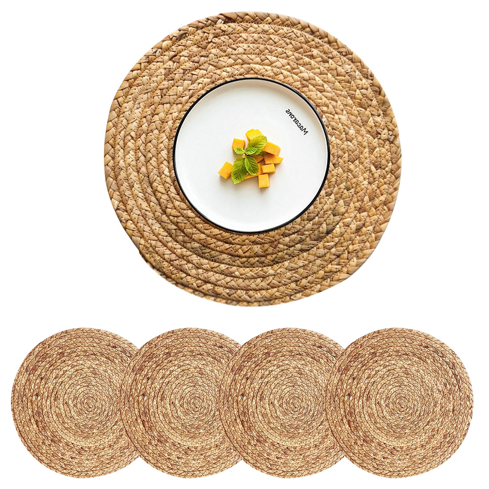 Cy Sisters Round Woven Placemats Set Of 4, Natural Water Hyacinth Place Mats, 13.5 Inch Rattan Placemats Wicker Placemats Farmho