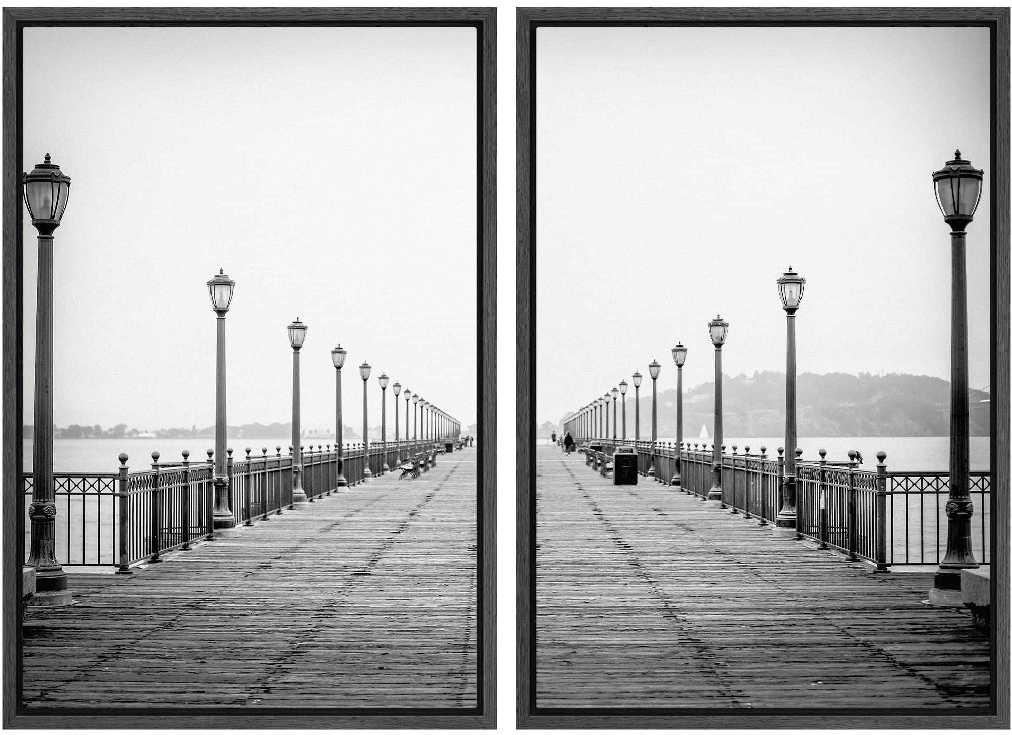 Signford Framed Canvas Print Wall Art Black And White California Beach Boardwalk Pier Cities Architecture Photography Modern Boh