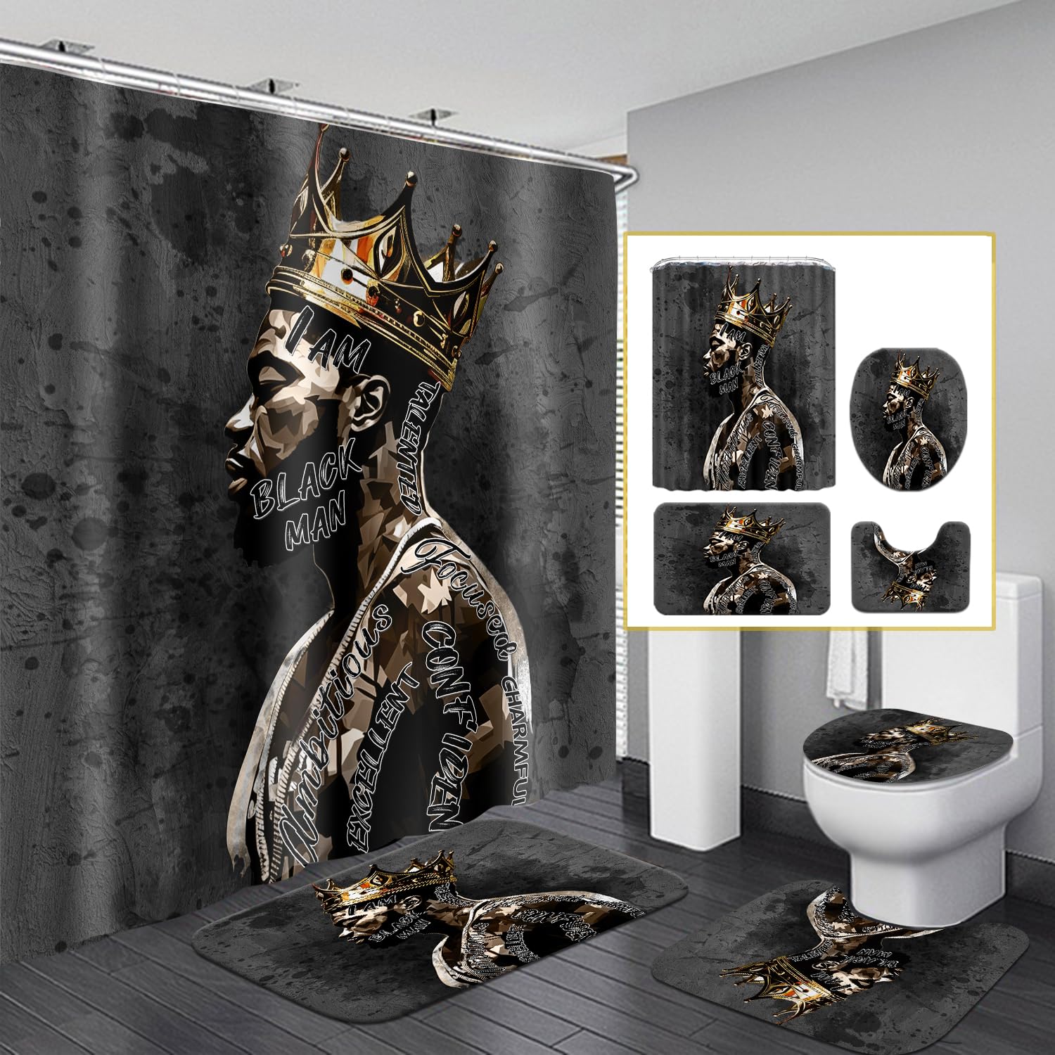 African American Shower Curtain Sets For Bathroom, Black Praying King Bathroom Sets With Waterproof Shower Curtain And Non-Slip