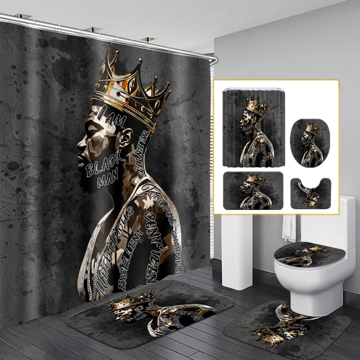 African American Shower Curtain Sets For Bathroom, Black Praying King Bathroom Sets With Waterproof Shower Curtain And Non-Slip
