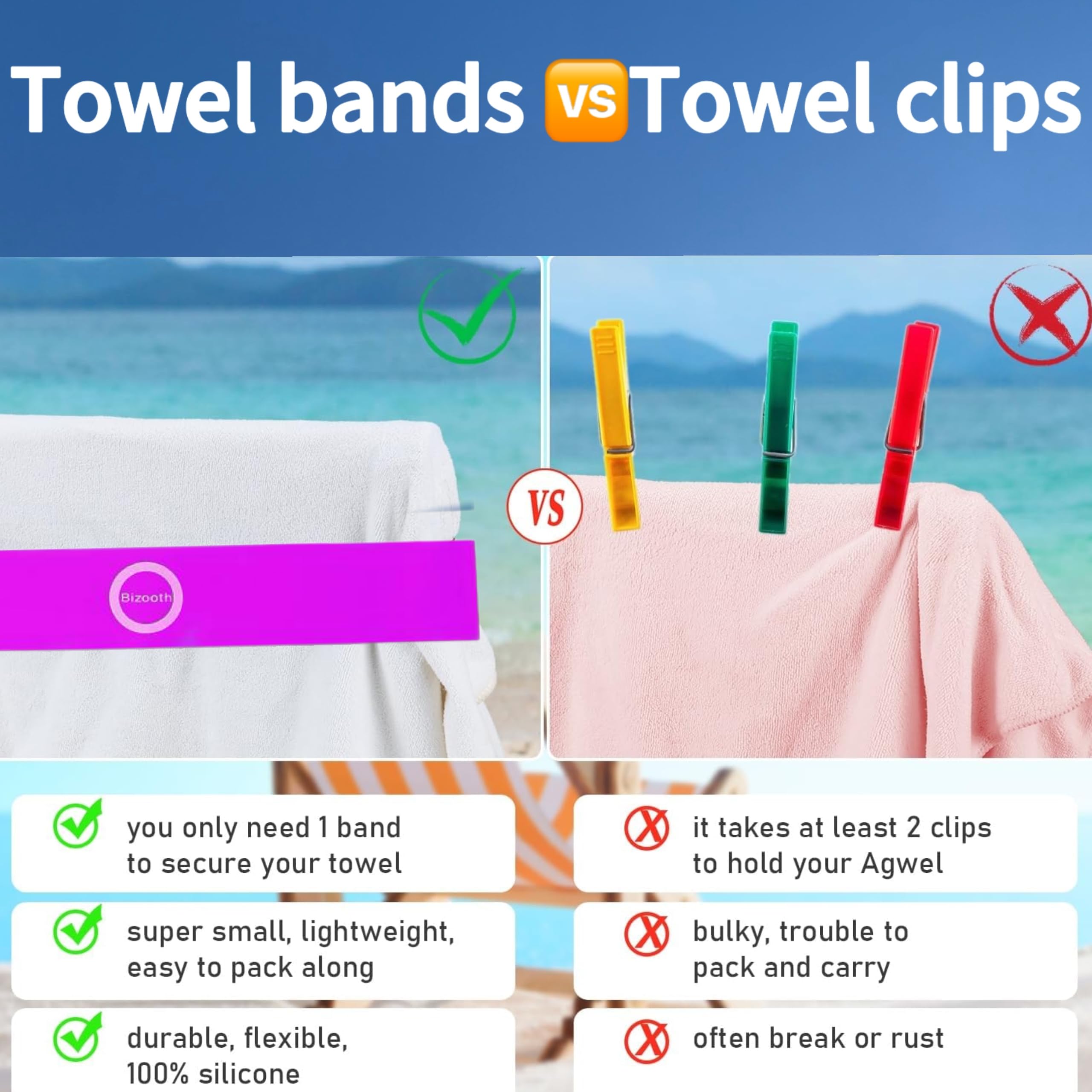 Bizooth 6 Pack Beach Towel Bands,Beach Chair, Pool Chairs & Cruise Ship Essentials,Windproof Towel Holder Cruise Bands For Towel
