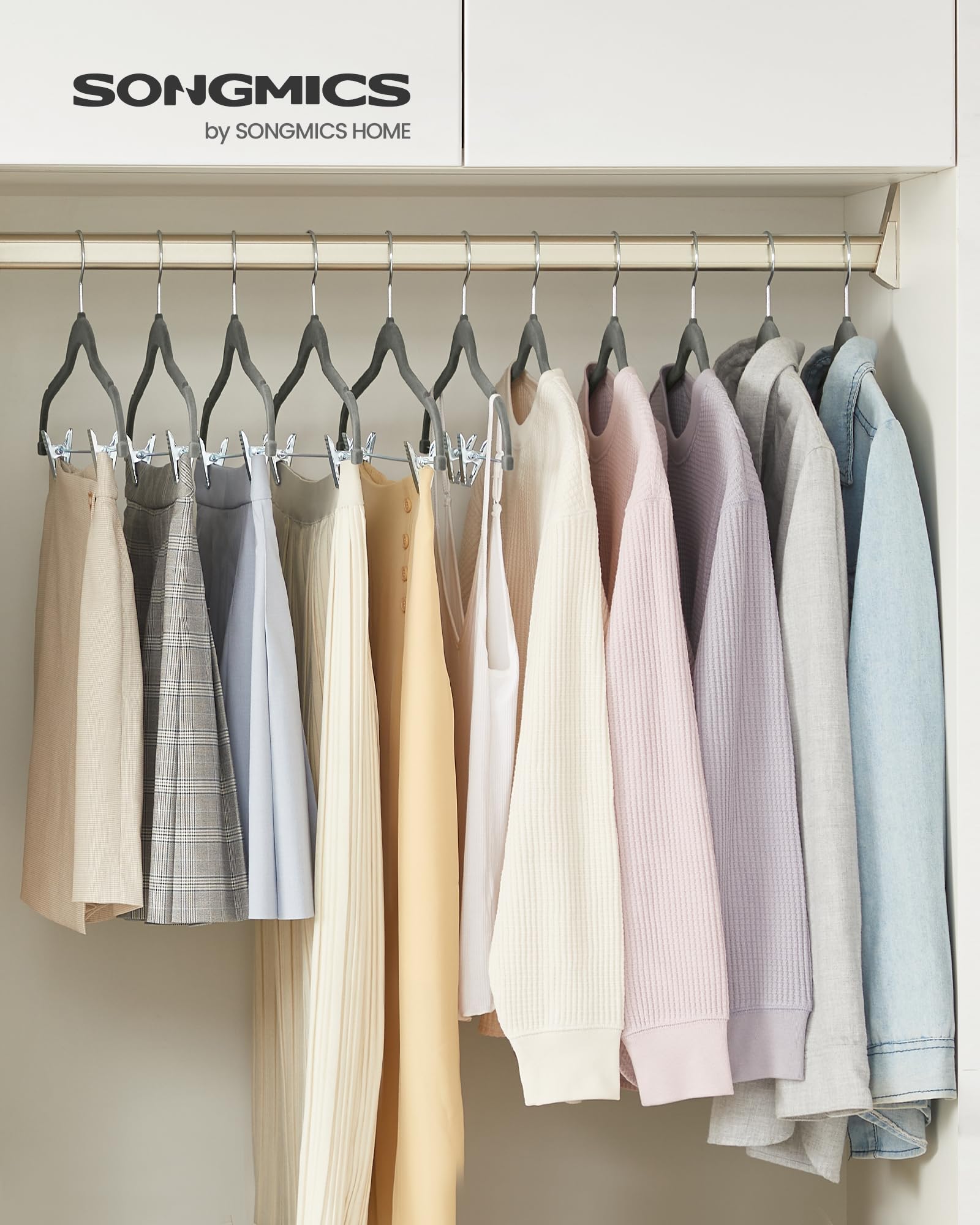 Songmics 20-Pack Pants Hangers, 16.7-Inch Long Velvet Hangers With Adjustable Clips, Heavy-Duty, Non-Slip Skirt Hangers, Space-S