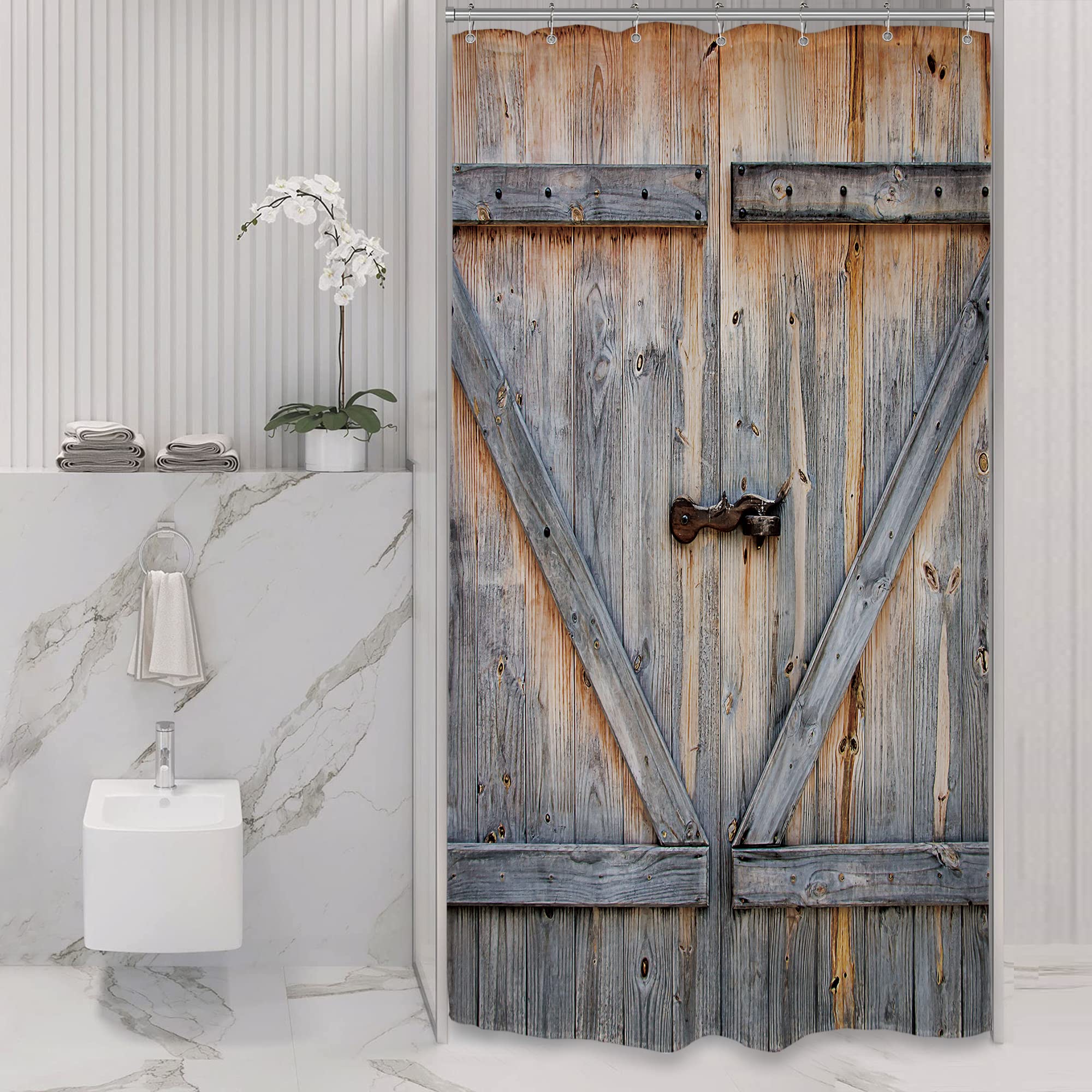 Riyidecor Small Rustic Stall Barn Door Shower Curtain 36Wx72H Farmhouse Wooden Vintage Wood Plank Country Old Garage Barnwood De