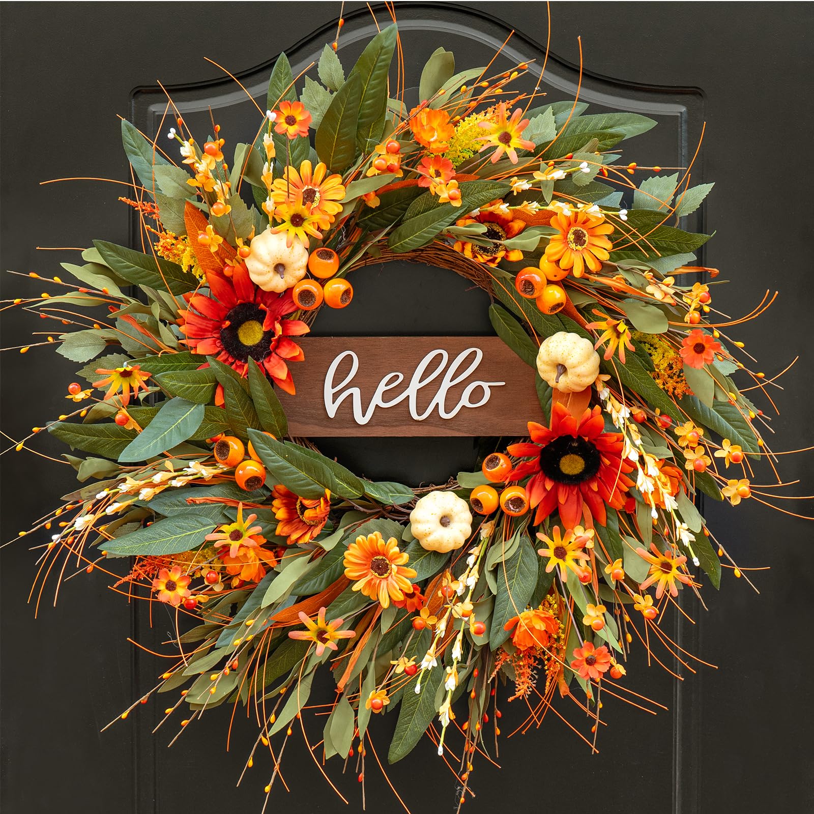 24 Inch Fall Wreaths for Front Door Outside- Pinkpuii Artificial Autumn Wreath with Sunflowers,Pumpkins & Hello    Sign- Lifelik