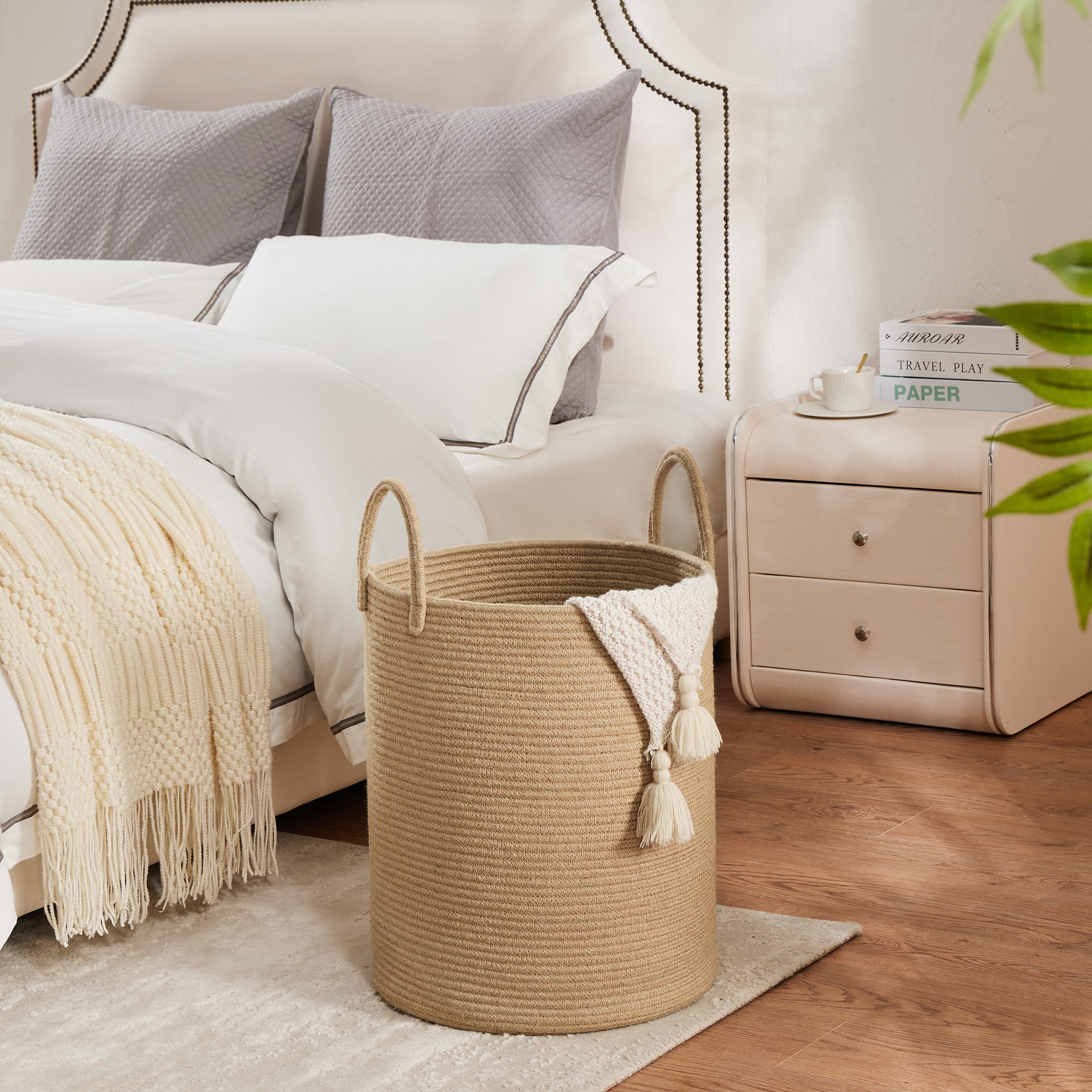 Youdenova Cotton Laundry Hamper, 72L - Woven Collapsible Basket - Jute Brown