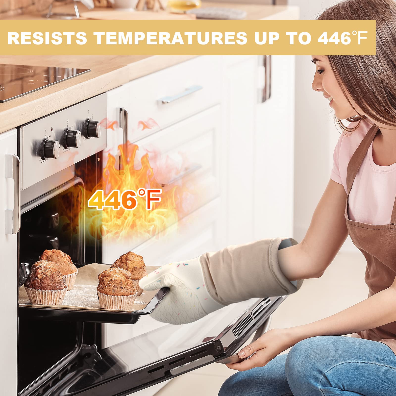 Auauy Oven Mitt, Kitchen Silicone Waterproof Oven Mitts, Heat Resistant 446? Non-Slip Silicone Oven Mittens Quilted Liner With 1