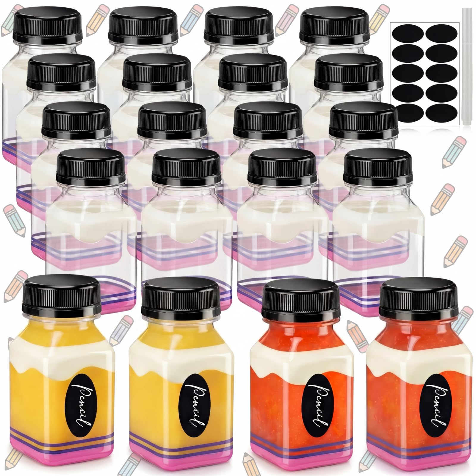 Patelai 20 Pcs Back to School Juice Bottles with Cap, 4 oz Pencil Plastic Juice Bottles with Label, Mini Reusable Containers wit
