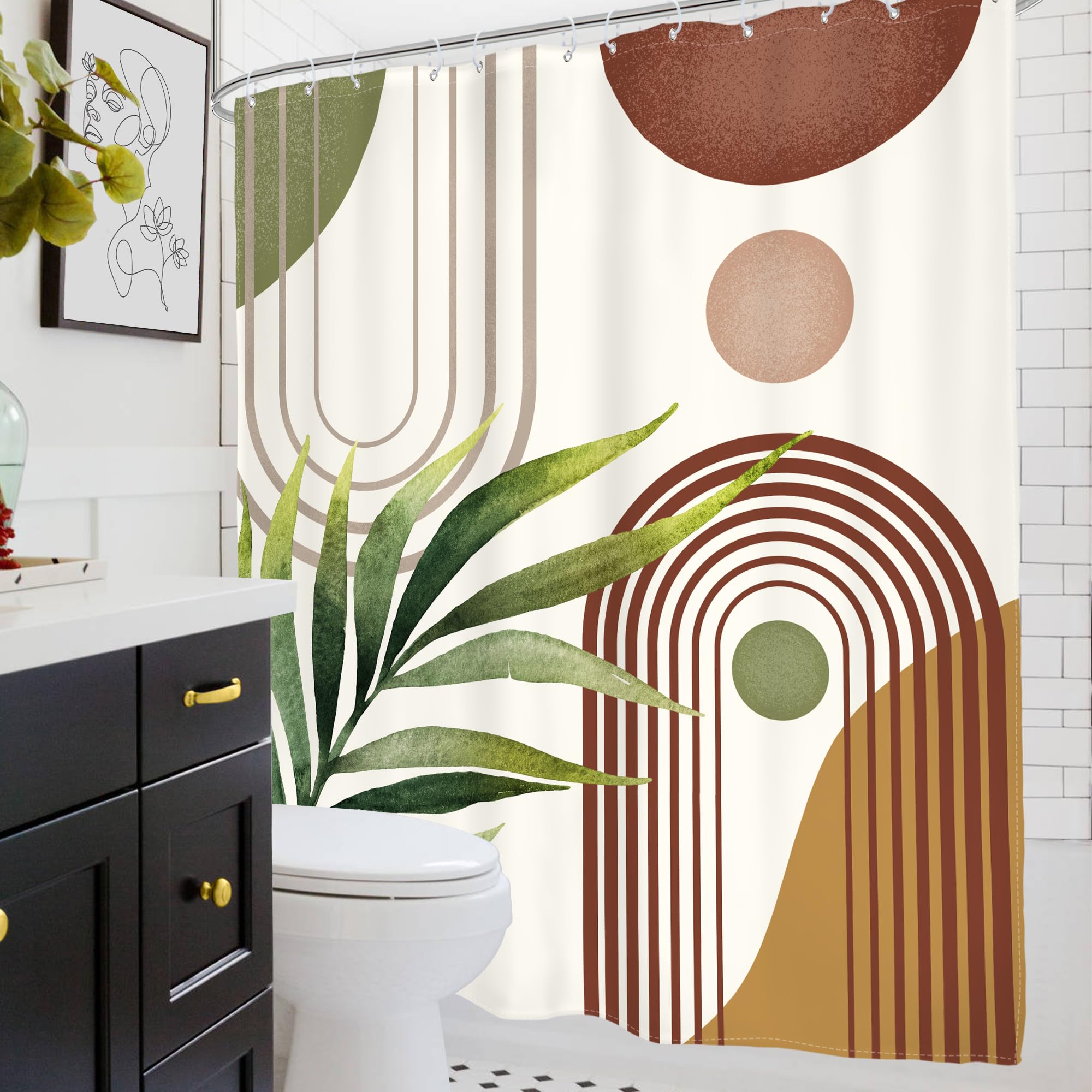 Glawry Green Brown Boho Shower Curtain Abstract Mid Century Plant Tropical Leaves Modern Geometric Bathroom Minimalist Arch Curv