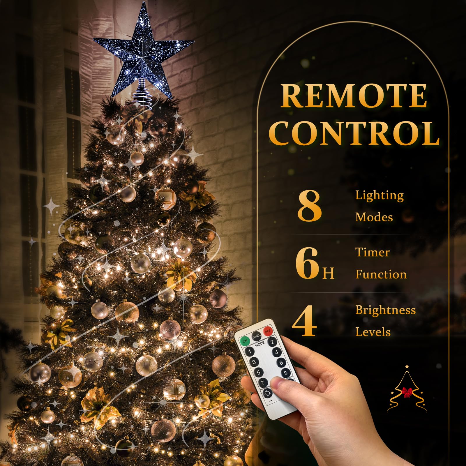 Black Christmas Tree Star Topper with Lights, 8.5-Inch Light-Up Christmas Tree Topper with Remote Control, 4 Brightness Levels &
