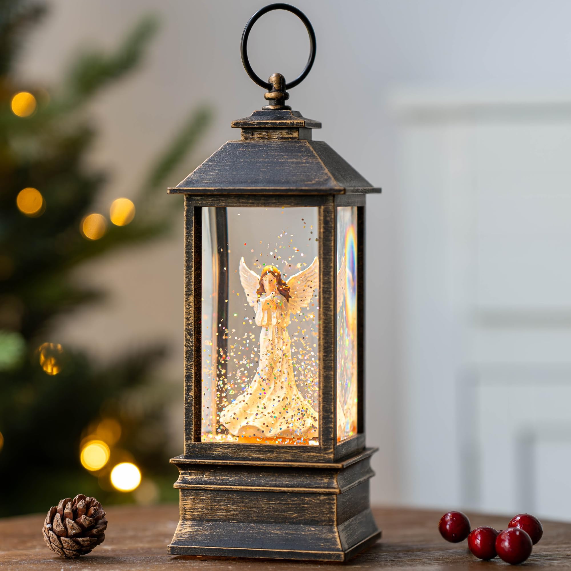 10 Musical Snow Globe Lantern Lighted Angel with Dove Water Lantern Swirling Glittering Home Decoration and Gift, Battery Oper