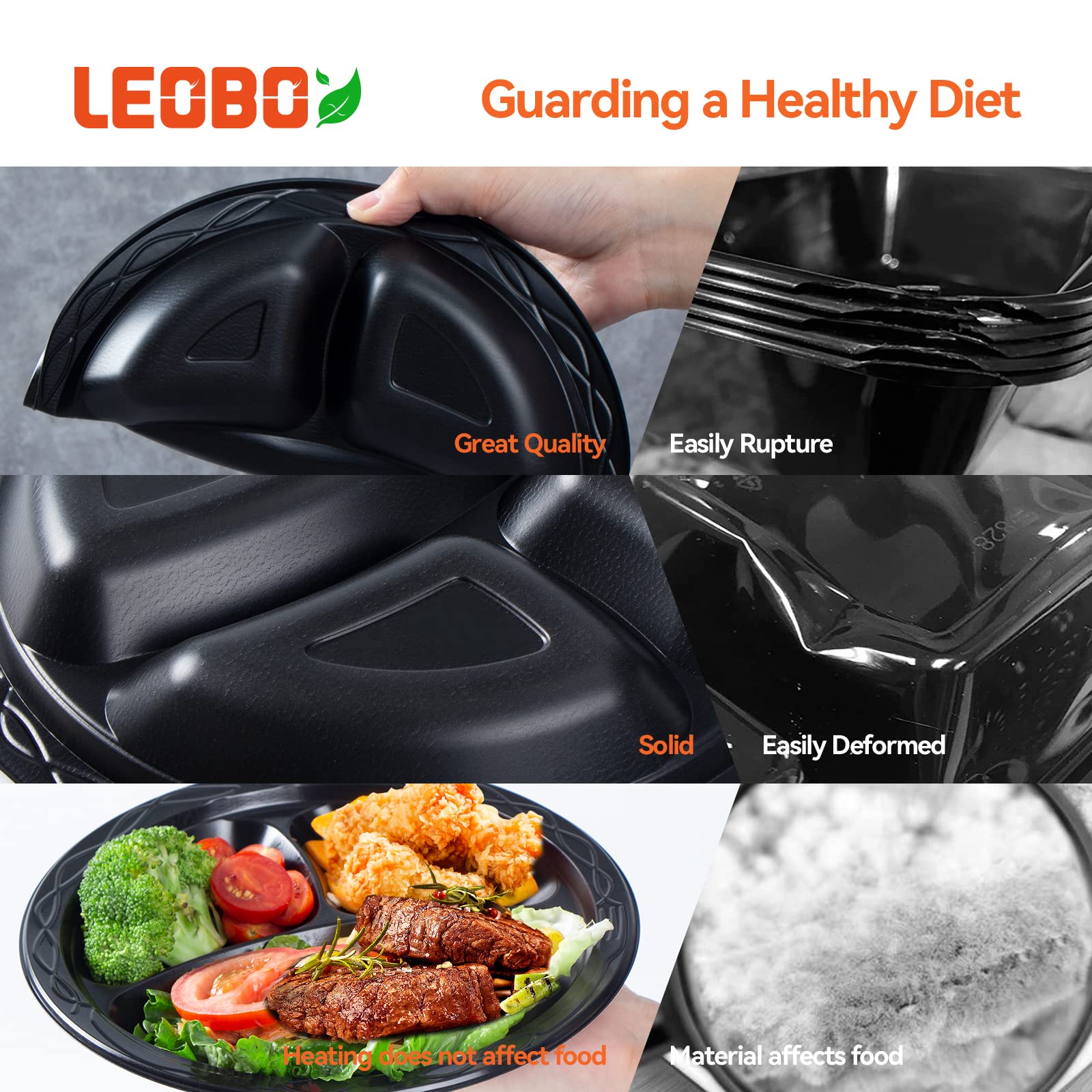 Leobox Plastic Plates, Reusable 150 Pack 9 Inch Plastic Dinner Plates 3 Compartment Heavy Duty Microwave Mfpp Plates