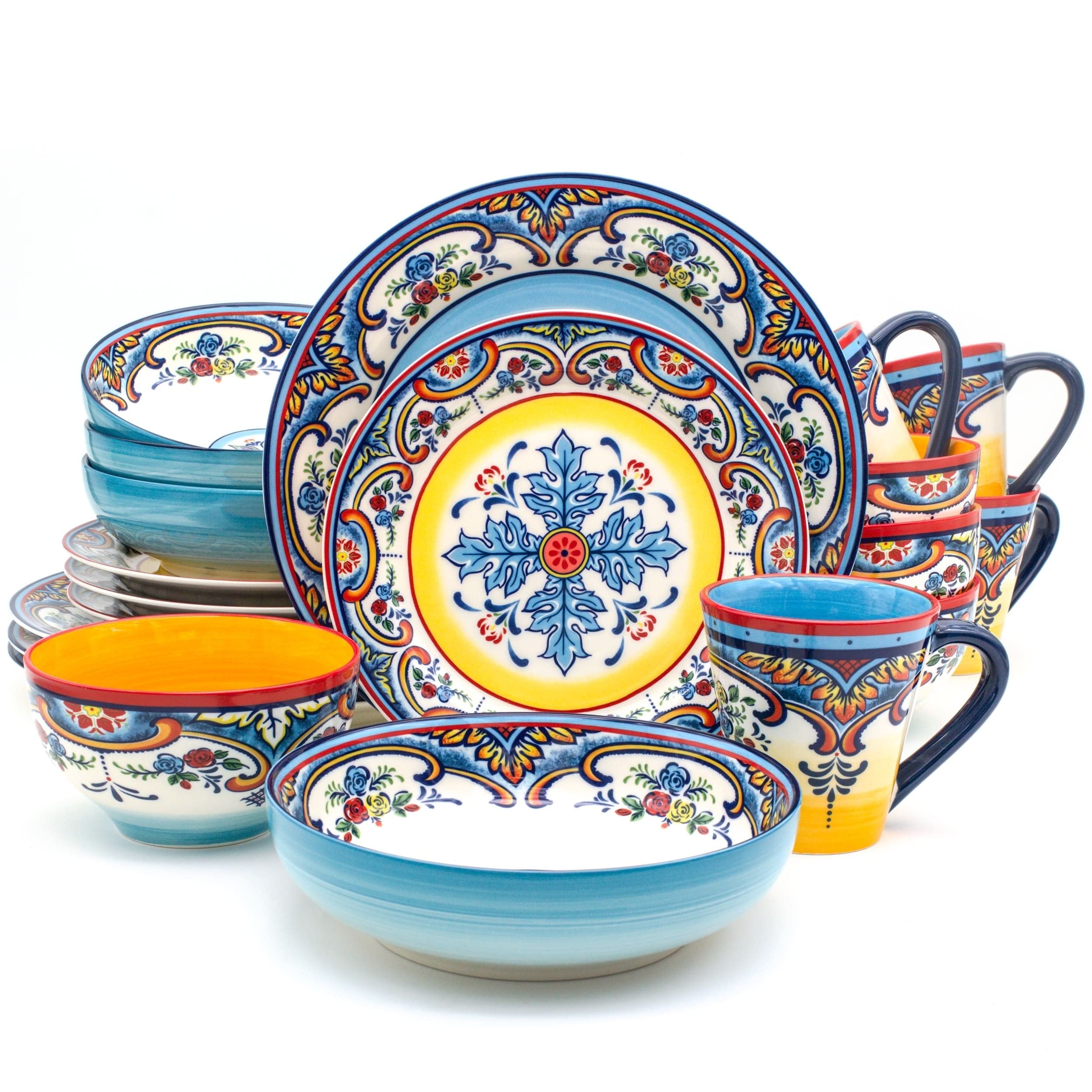 Euro Ceramica Zanzibar Collection Vibrant 20 Piece Oven Safe Stoneware Dinnerware Set, Service For 4, Spanish Floral Design, Mul