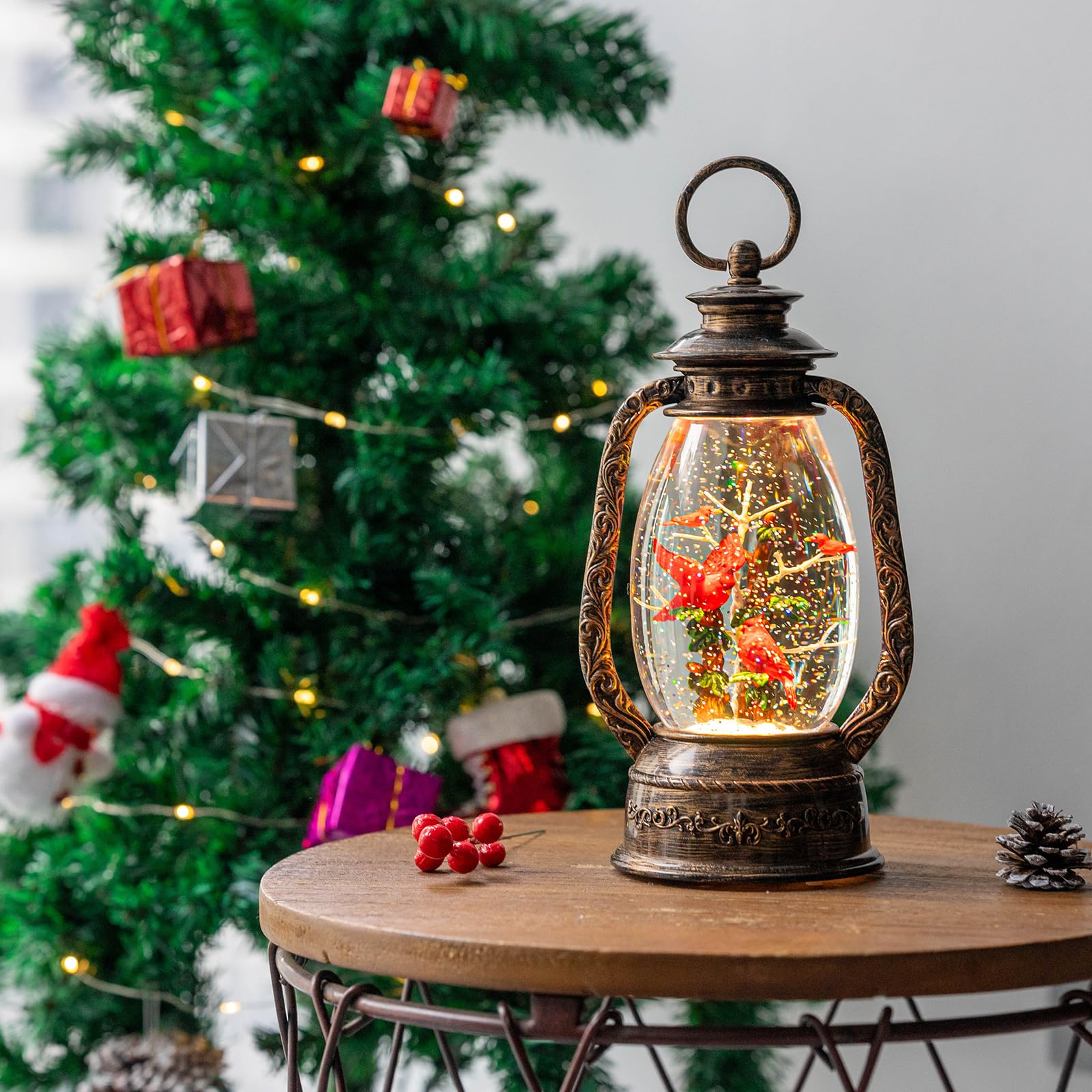 12'' Lighted Cardinals Snow Globe Lantern, Music Water Lantern with Swirling Glitter Decoration for Christmas Home, Living Room,
