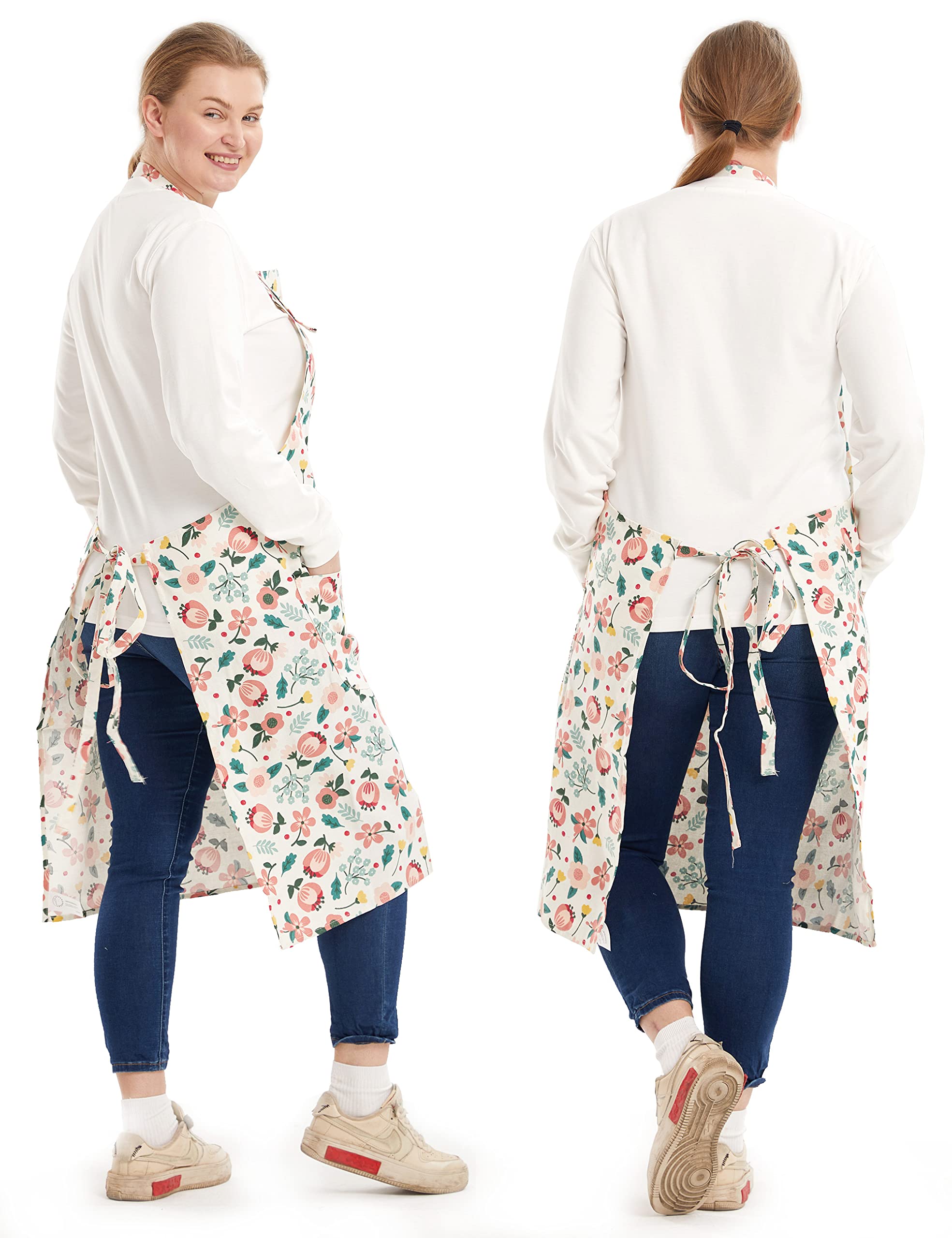 Apronner Cotton Linen Baking Plus Size Aprons For Women With Pockets Kitchen Cooking Pink Flower