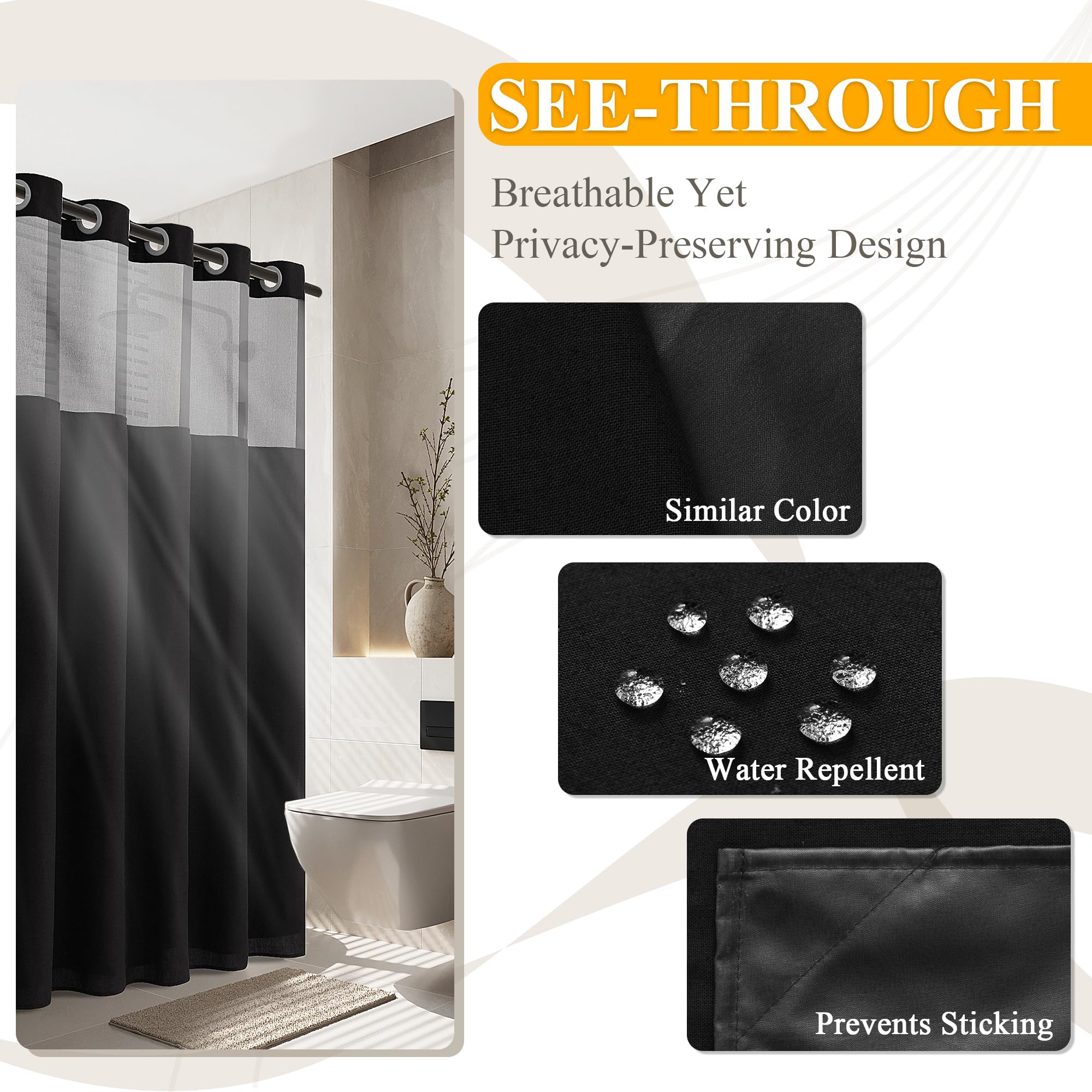 Jowels Black Shower Curtain - No Hooks Needed, Extra Long 87 Inch Linen Snap In Shower Curtains, Split Design Shower Curtain For