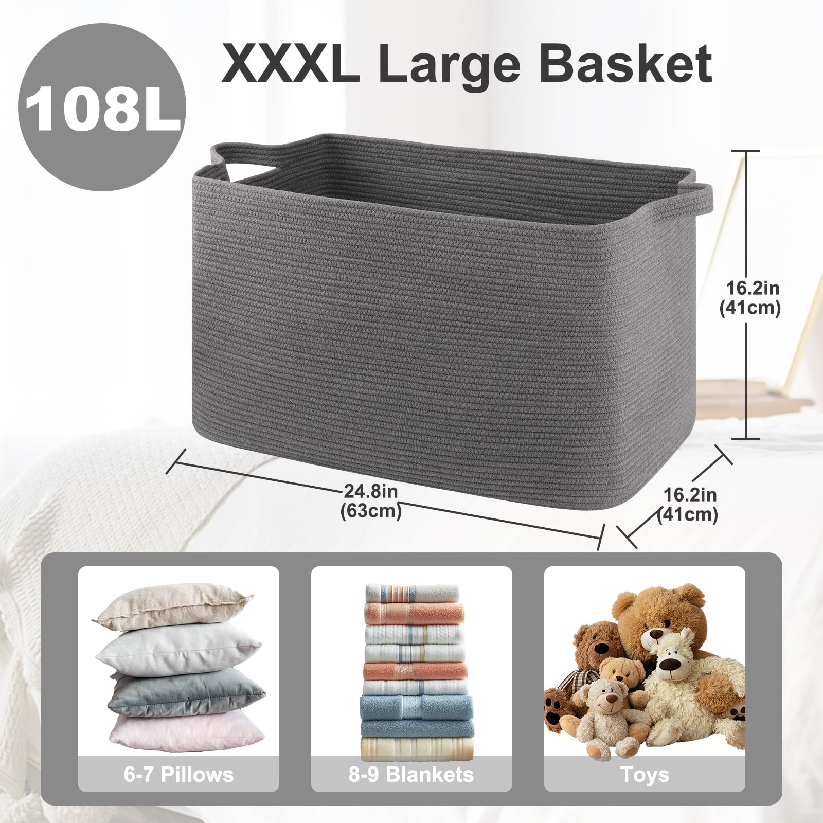 Oiasket 108L Laundry Basket For Storage, 24.8''L X 16.2''W X 16.2''H Extra Large Blanket Basket, Rope Storage Basket For Living