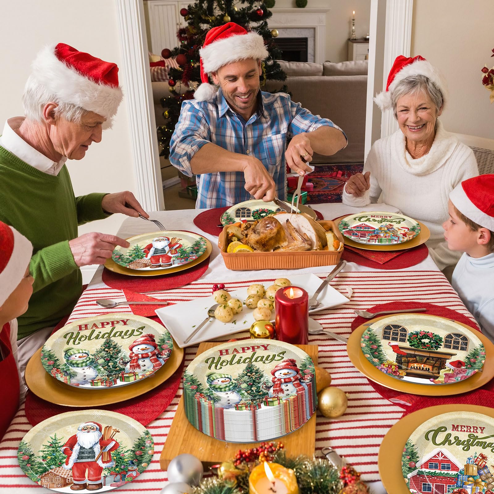 OBUSATT 100 Pcs Christmas Xmas Paper Plates Party Decorations Snowman Plates 7inch Disposable Christmas Tree Santa Dinner Plates