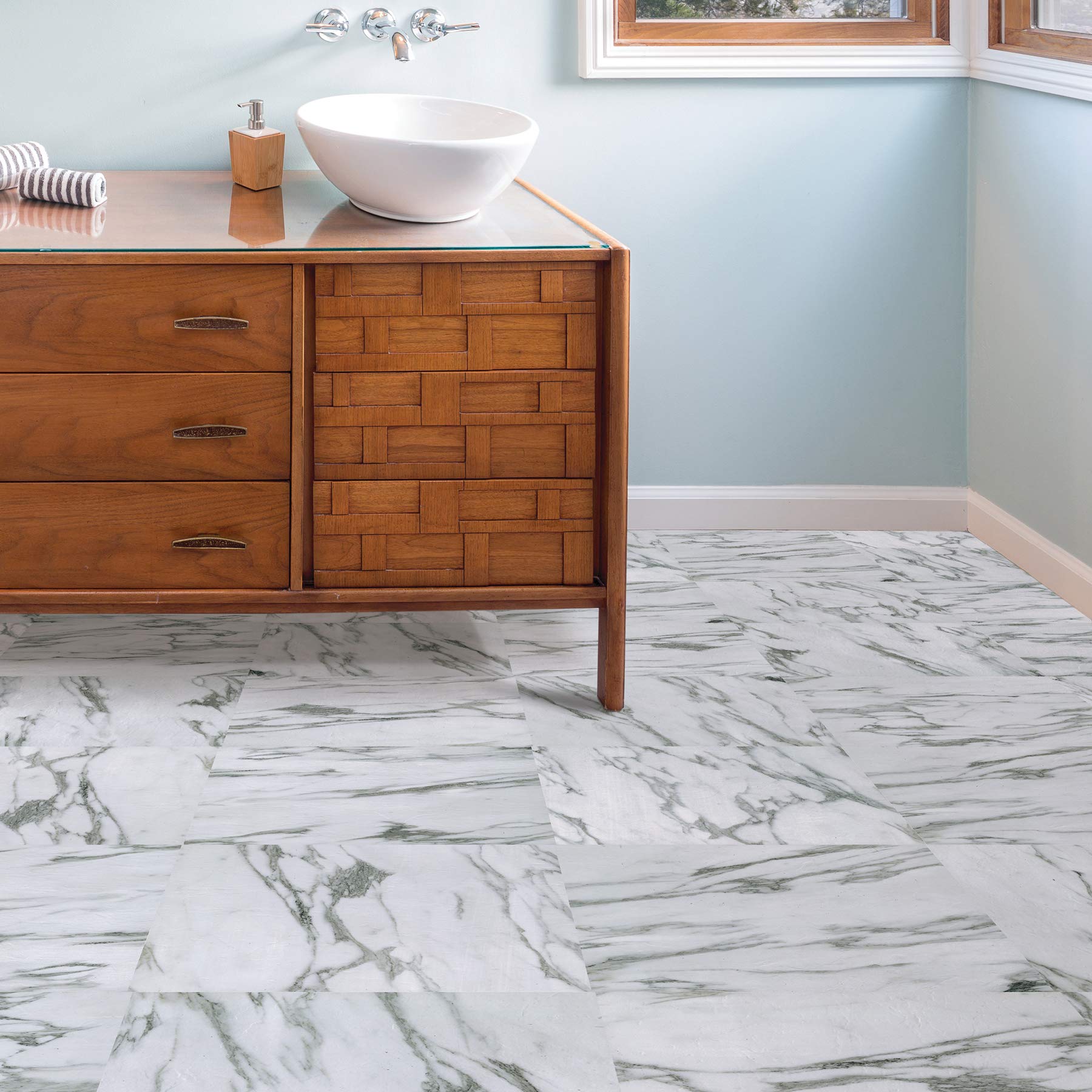 FloorPops FP3329 Opaline Peel Stick Floor Tiles  White & Off-White