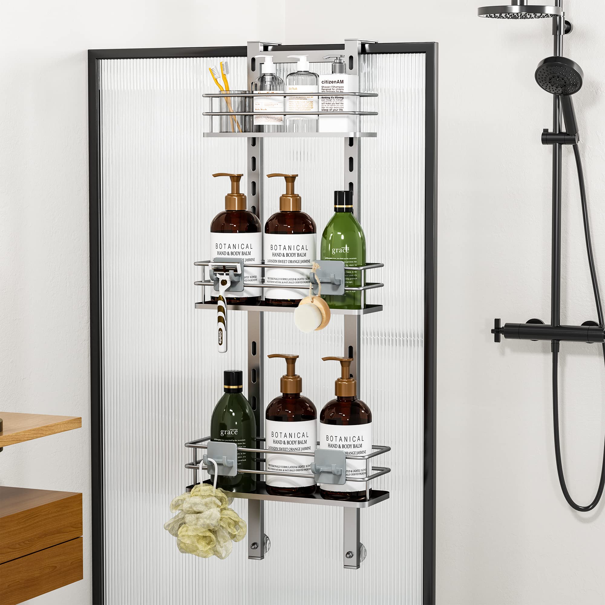 Orimade Adjustable Hanging Over The Shower Door Caddy With Hooks, Bathroom Organizer Shelf Storage Rack,No Drilling Rustproof Sh