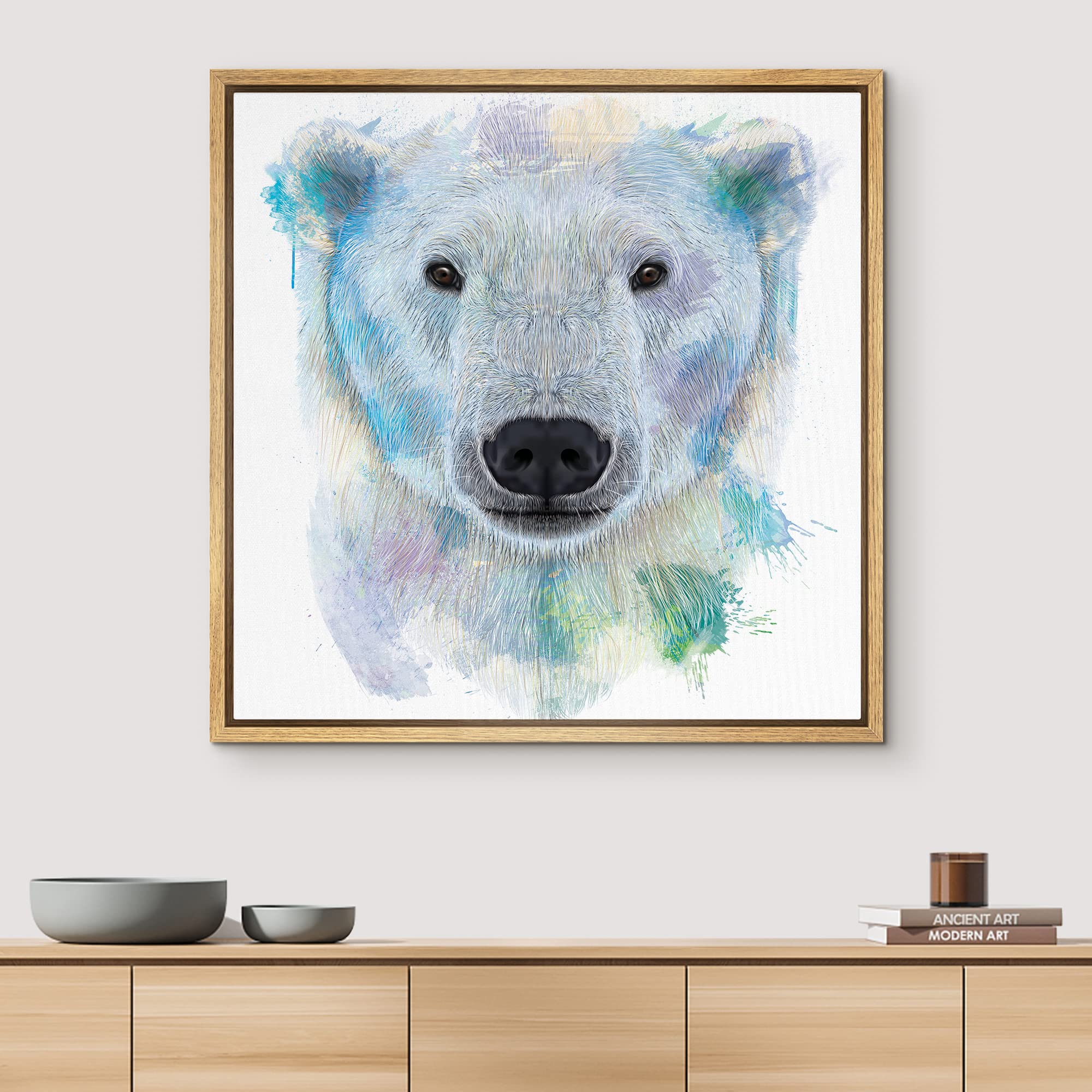 Wall26 - Fun And Colorful Splattered Watercolor Polar Bear - Framed Canvas Art Home Art - 24''X24'' Natural