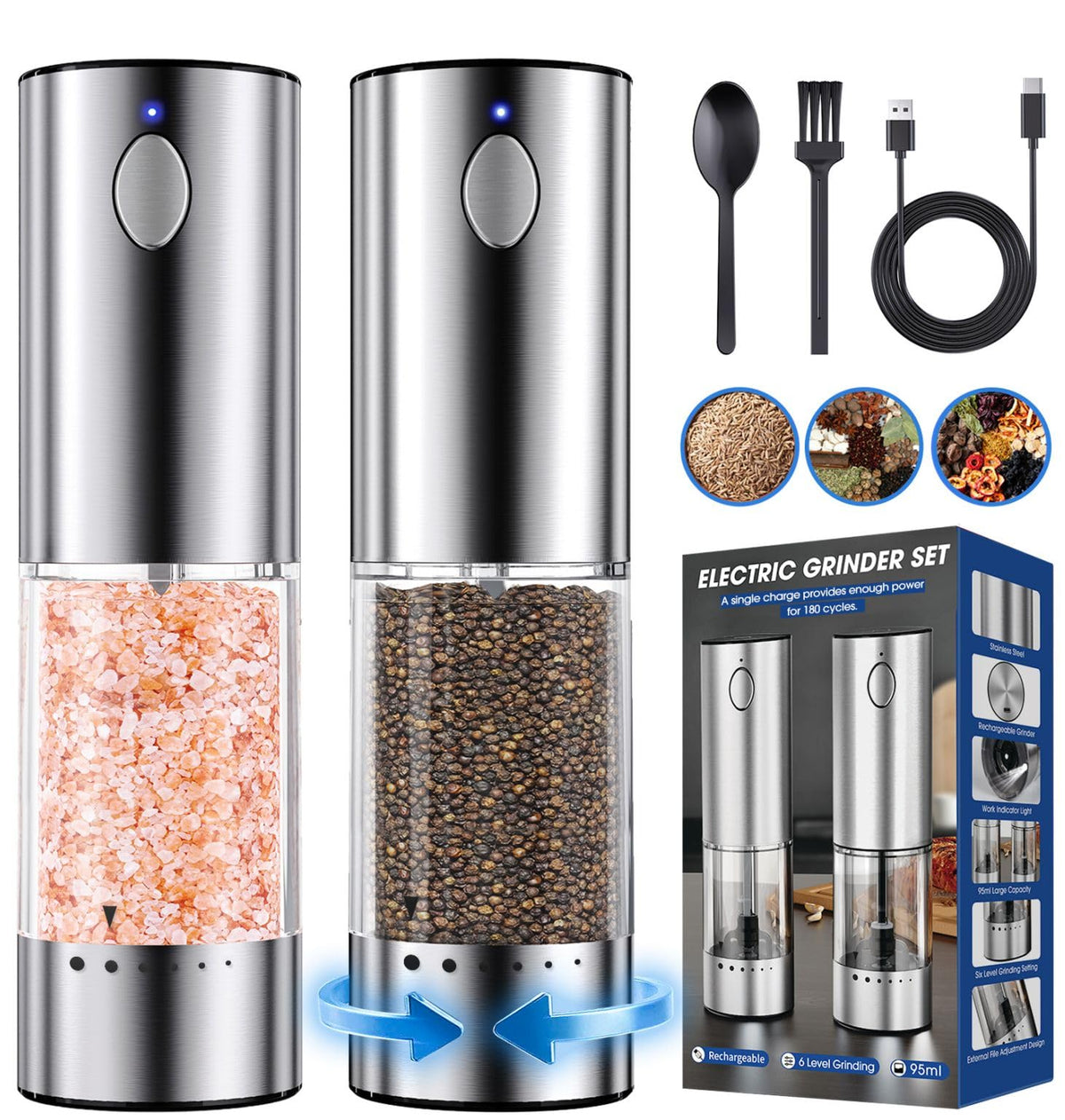 Homehacks 2 Pack Rechargeable Electric Salt And Pepper Grinder Set With Led Light, Stainless Steel Grinder Mill With Upgraded La