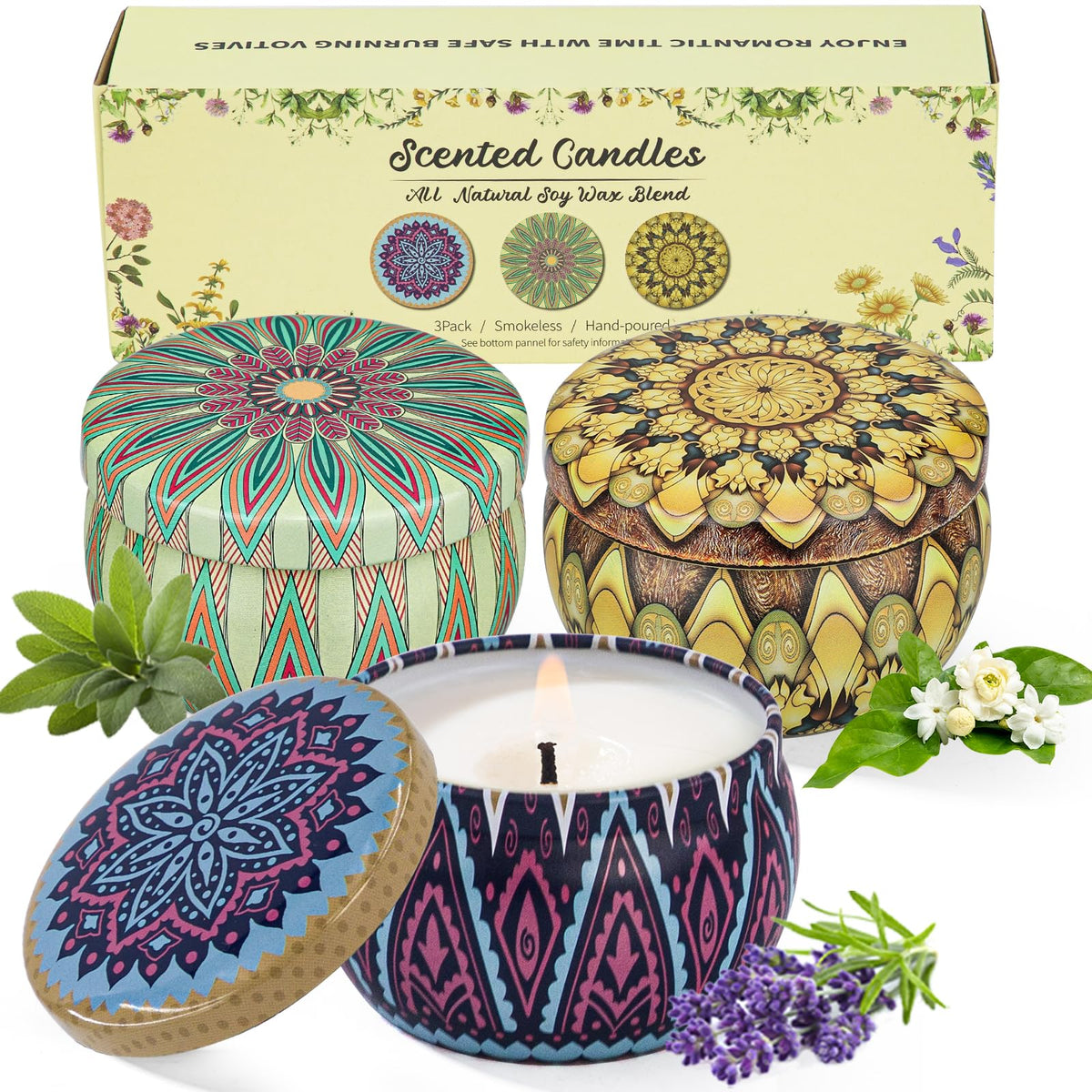 3 Pack Candles for Home Scented Candles Gifts Set for Women 7.5 oz Aromatherapy Candles for Stress Relief, Floral Natural Soy Ca