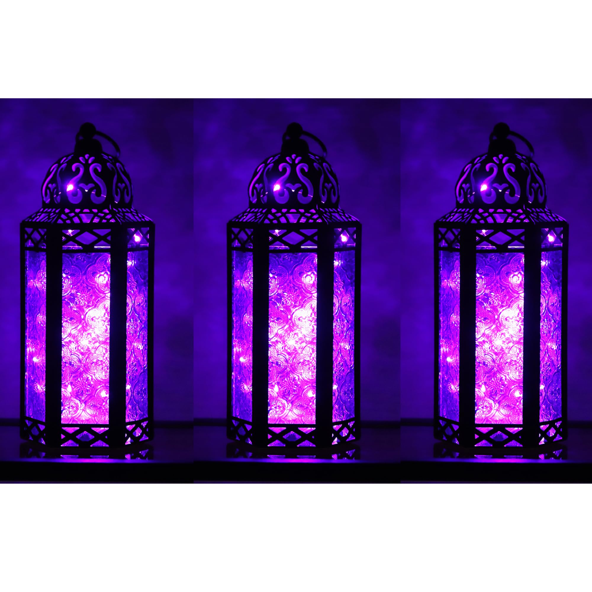 VELA LANTERNS 3pk 10.5 Metal Moroccan Decorative LED Fairy Lights Candle Lanterns 3pk 10.5 Holder for Indoor Home Fantasy, Gothi
